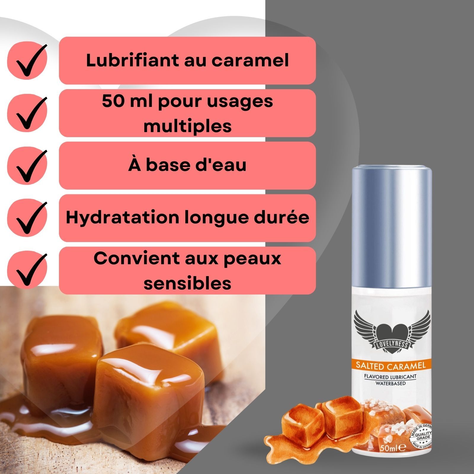 Lubrifiant au caramel. 50 ml. À base d'eau. Pour peaux sensibles. Morceaux de caramel.