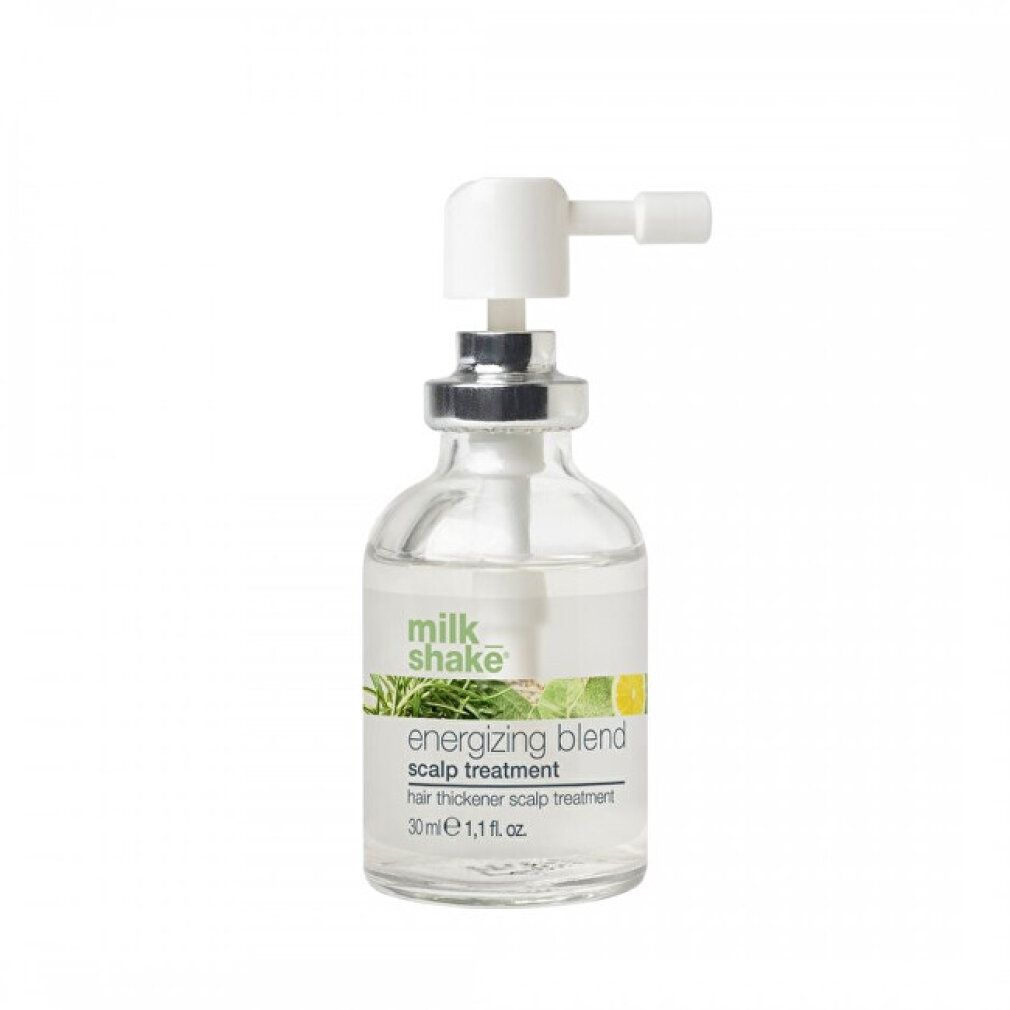 Transparante glazen fles met verstuiver. Opschrift: milk_shake energizing blend scalp treatment. 30ml.