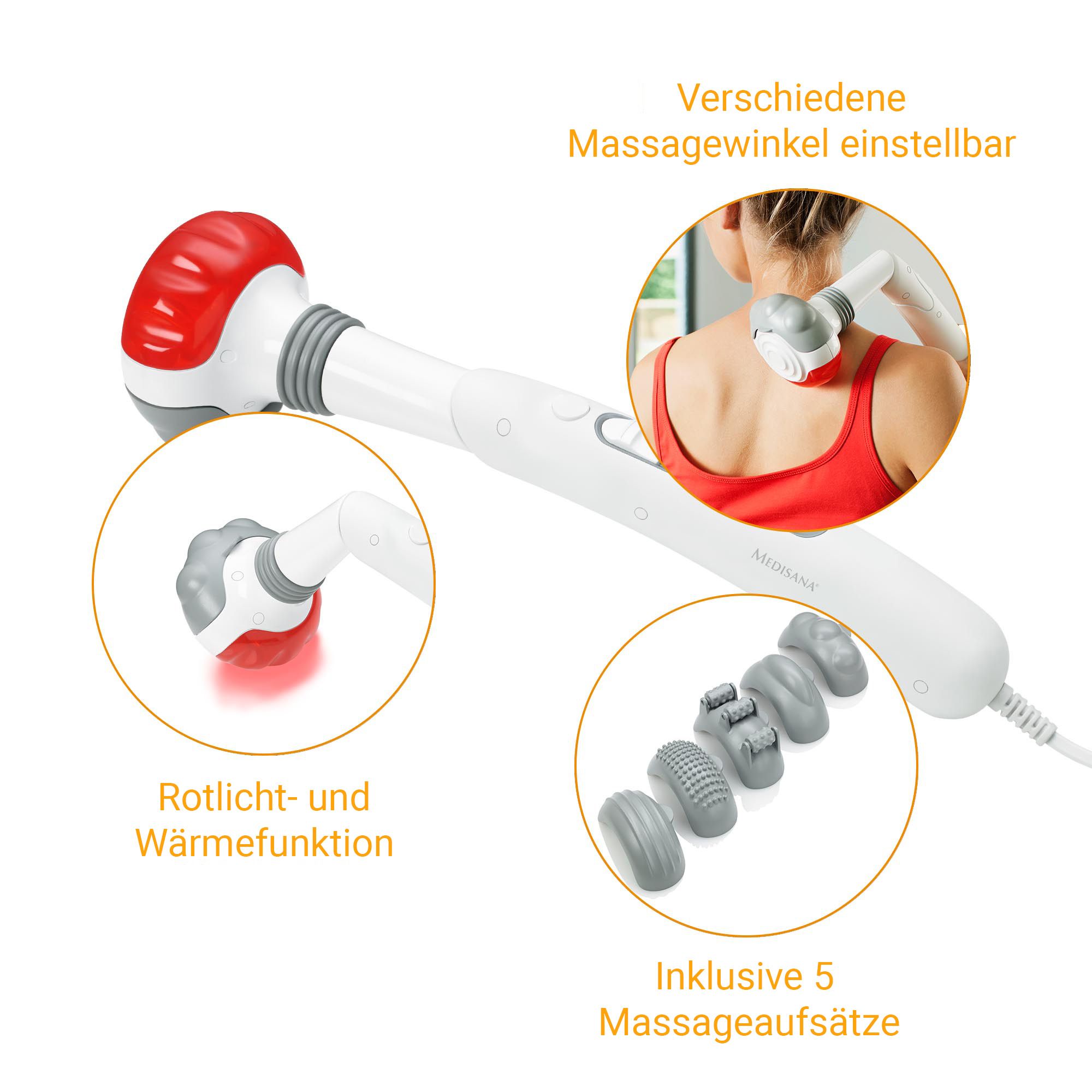 Masseur manuel Medisana : lumière rouge, chaleur, 5 embouts, angles réglables.