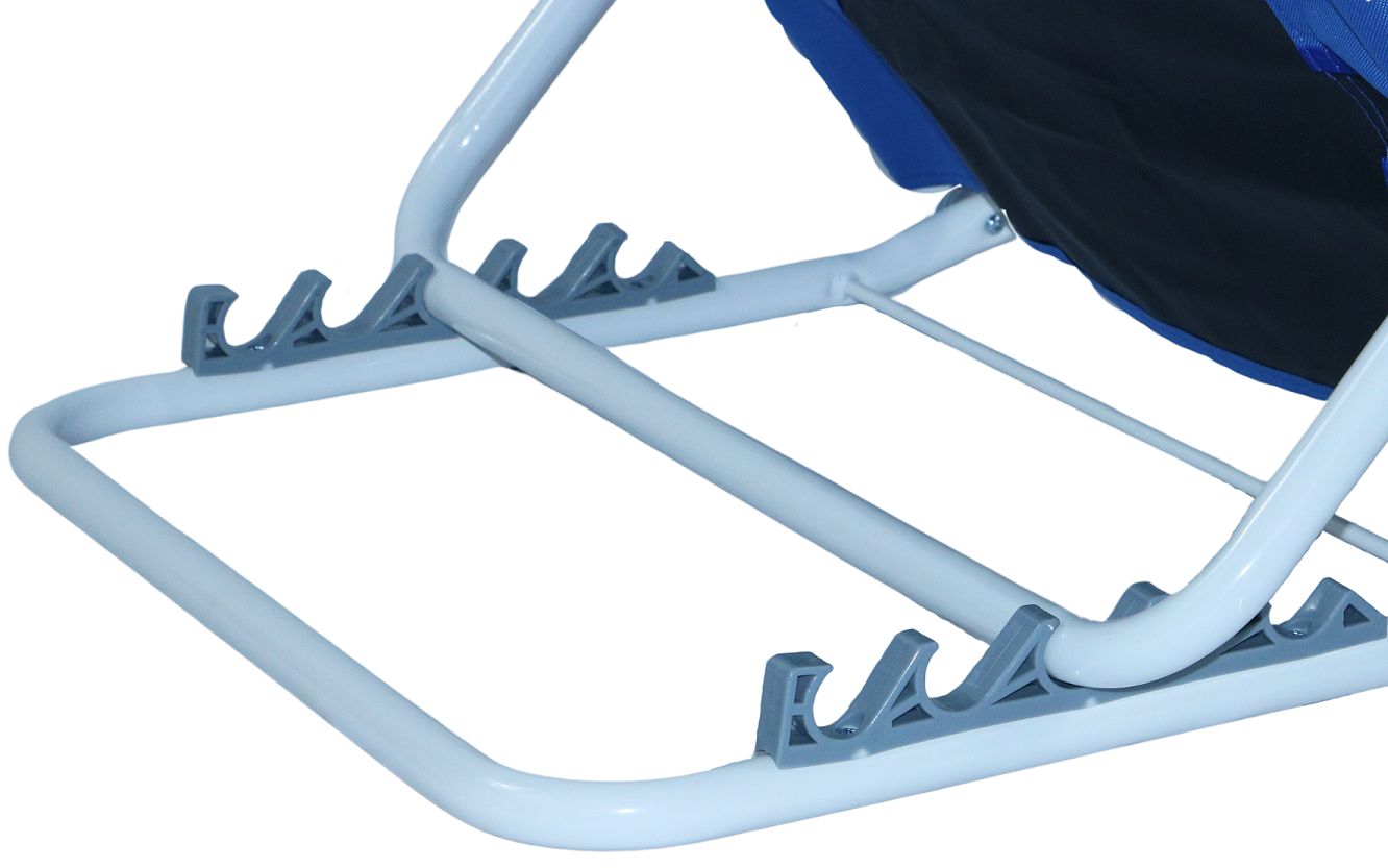 Cadre blanc, supports gris. Vue détaillée du support inclinable pour personnes à mobilité réduite, seniors et soignés.