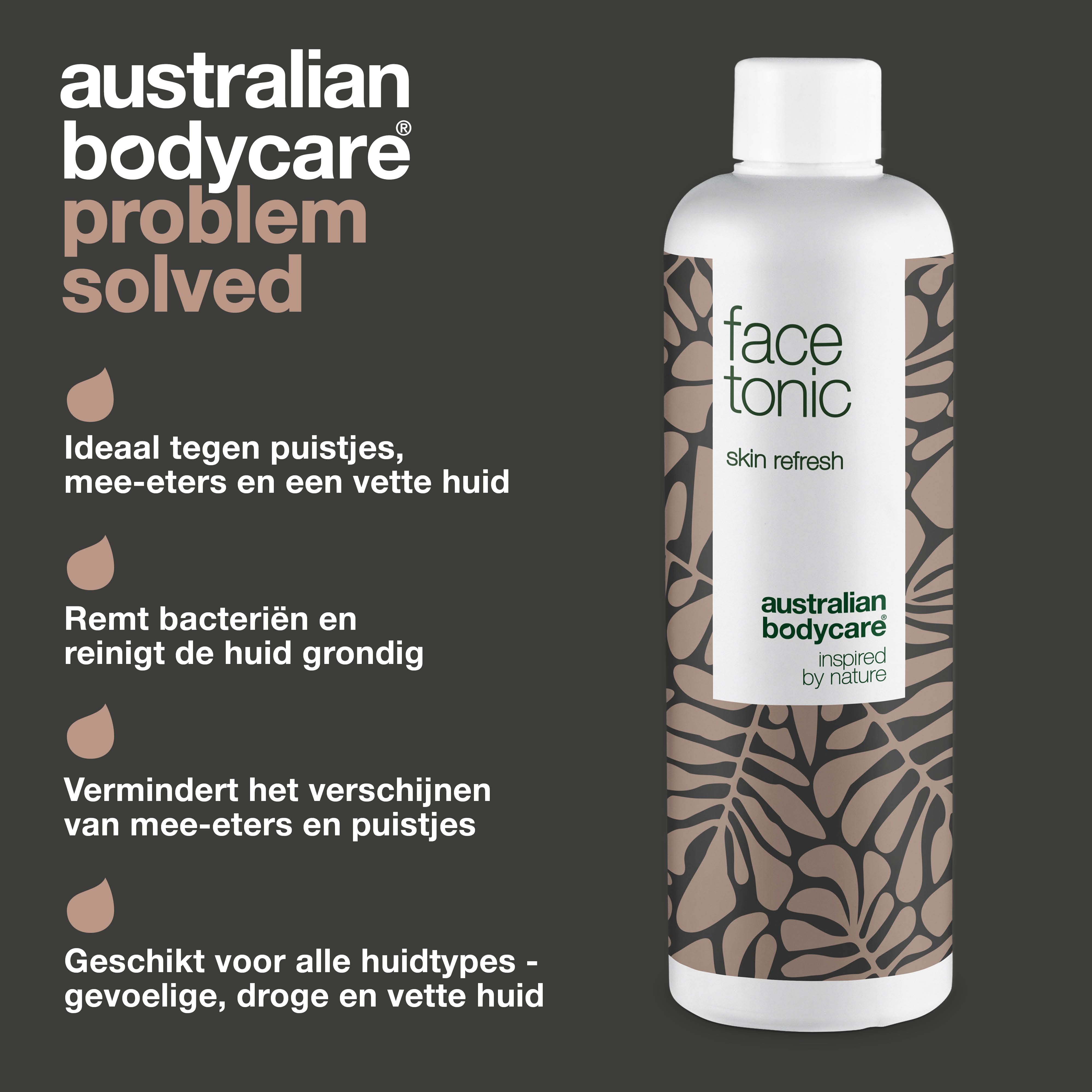 Fles "face tonic" van Australian Bodycare. Tekst: Ideaal tegen puistjes, mee-eters en een vette huid. Reinigt de huid. Milde formule.