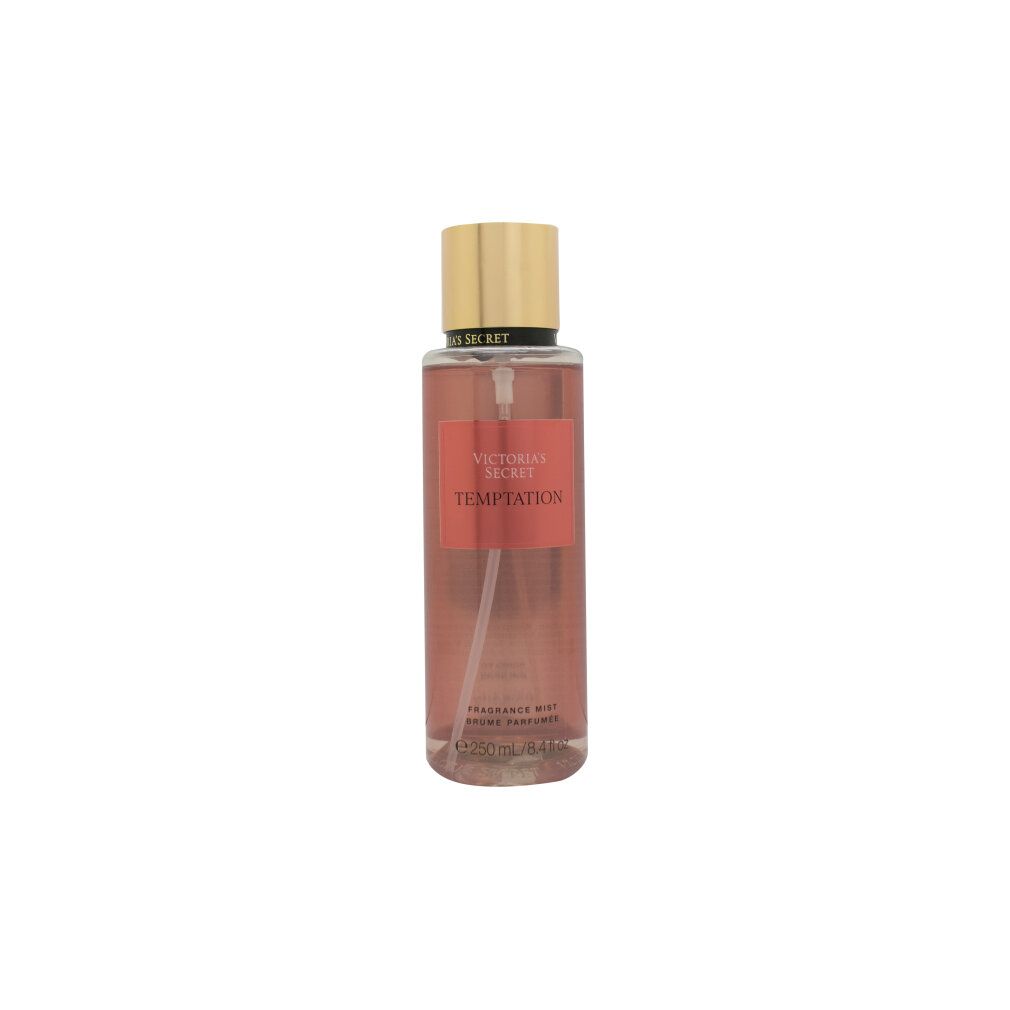 Victoria's Secret Temptation bodyspray. Transparante fles, gouden dop, verstuiver.