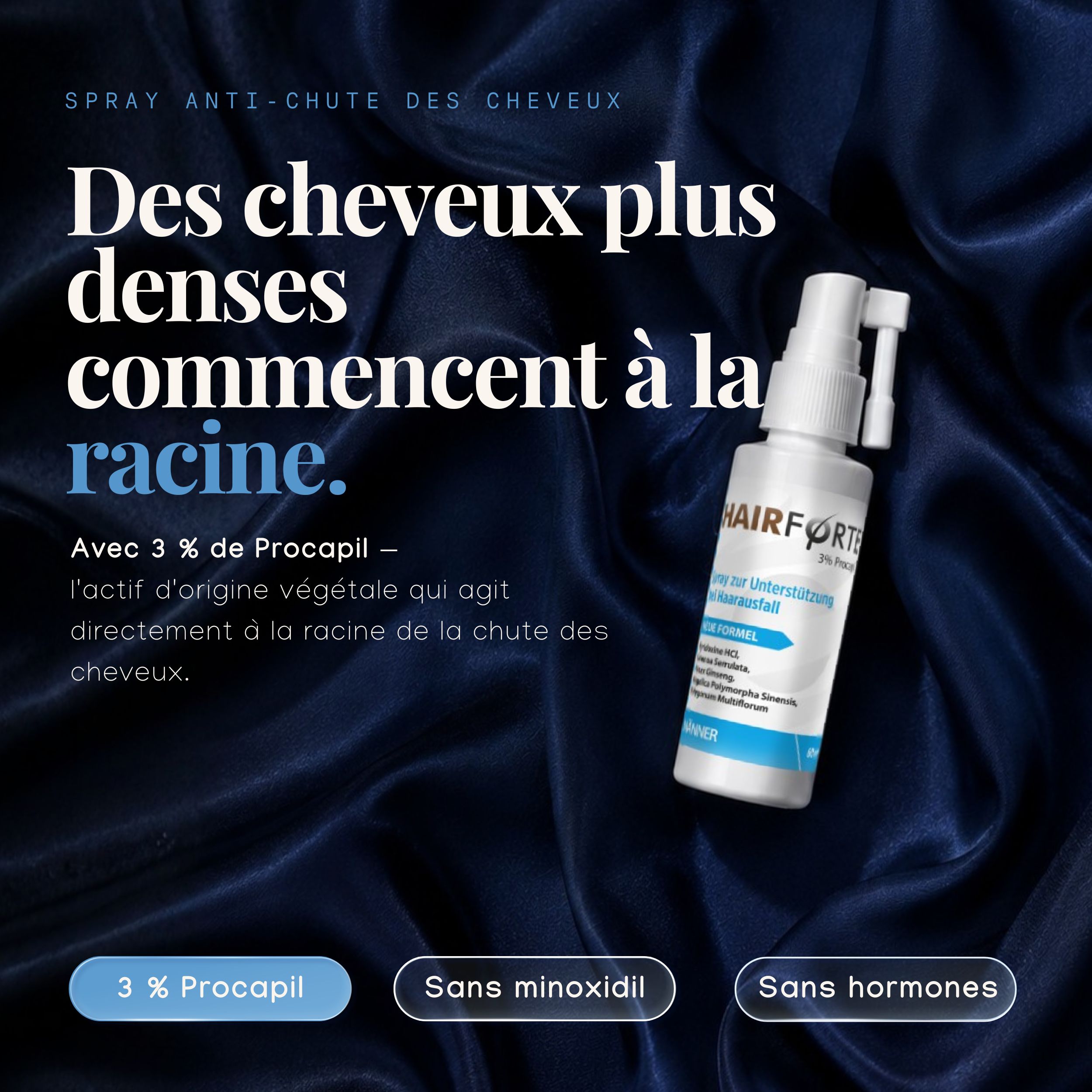 Hairforte Spray 3% Procapil contre la perte de cheveux, bloqueur de DHT