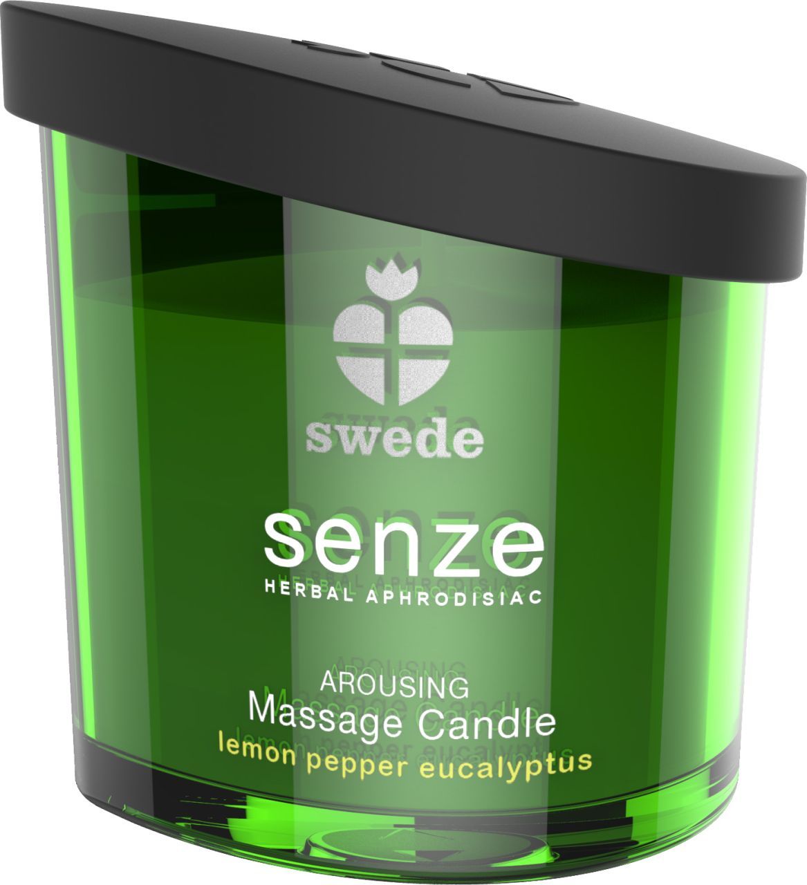 Bougie de massage verte avec couvercle noir. Étiquette indiquant 'swede senze AROUSING Massage Candle lemon pepper eucalyptus'.