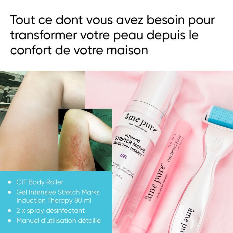 Gros plan d'un rouleau à tête bleue et d'une bouteille de gel argentée.