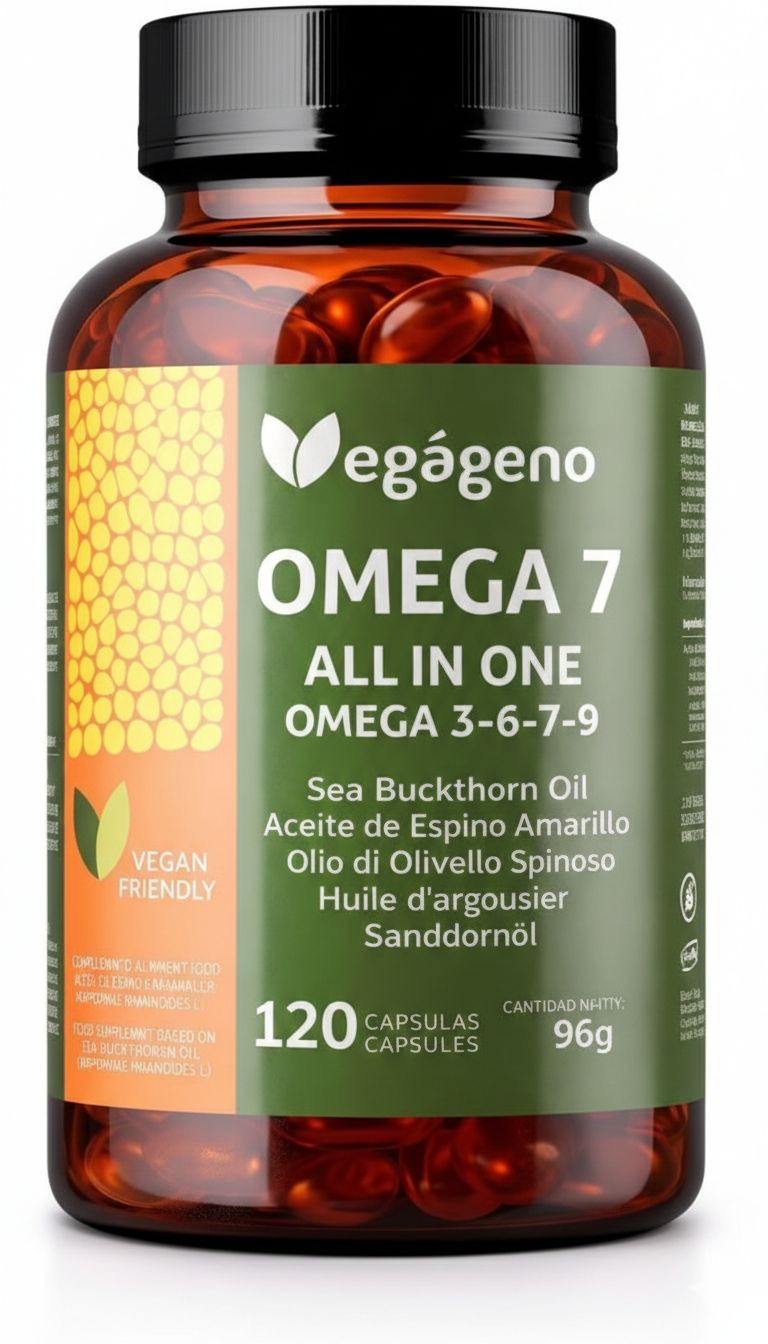 Bouteille en verre brun de 120 capsules Vegagenu Omega 7, végétalien.