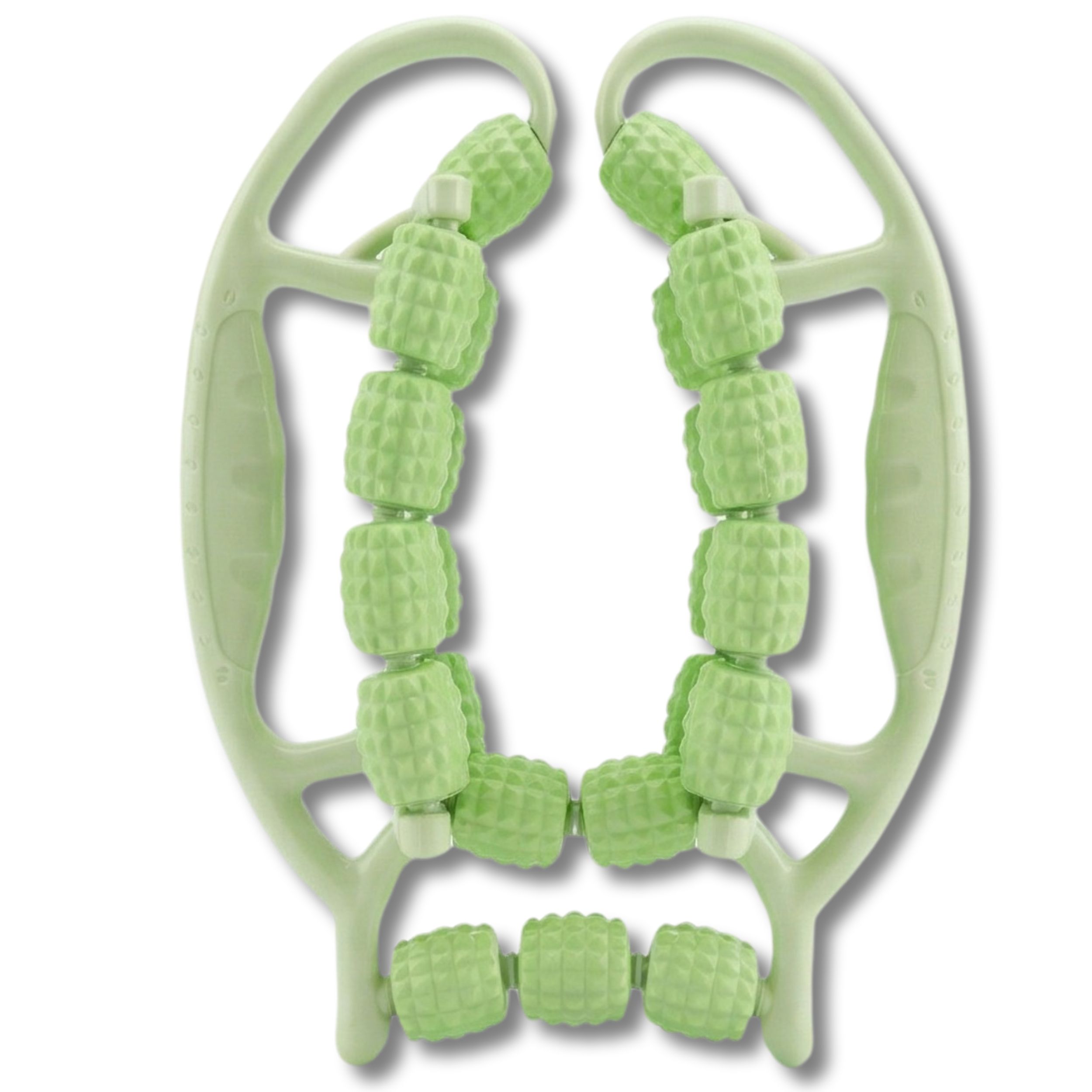 Groene massageroller met handvatten. Bovenaanzicht.