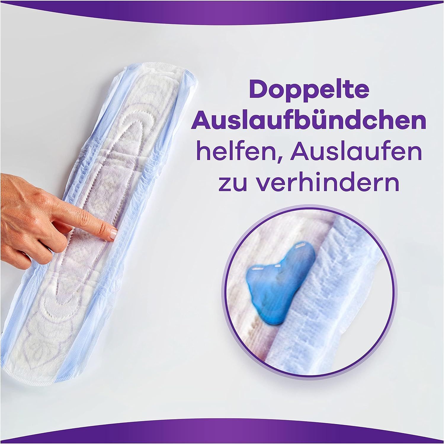 Protection contre l'incontinence avec liquide bleu. Texte : Les doubles barrières anti-fuites aident à prévenir les fuites.
