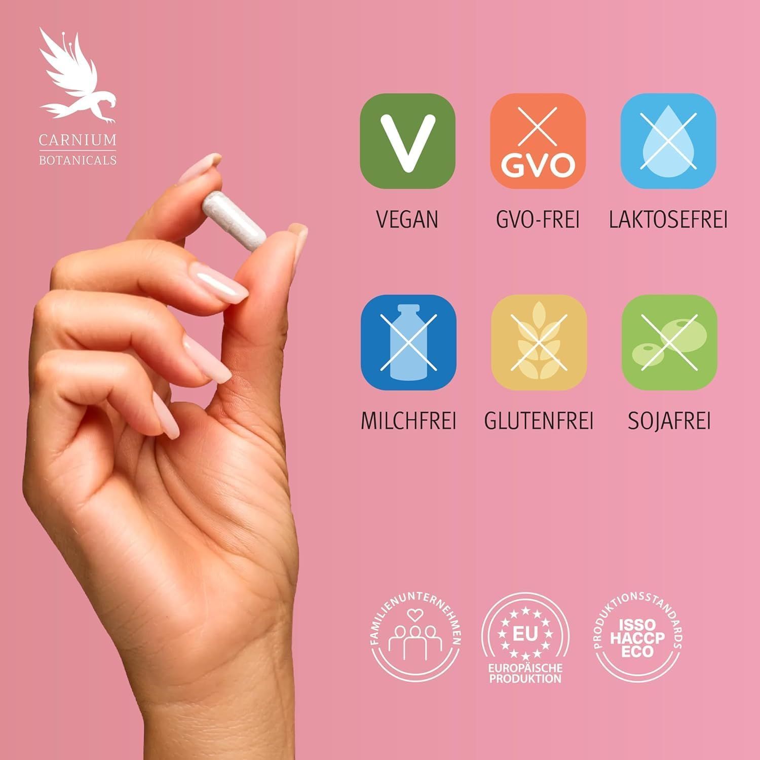 Hand houdt capsule vast. Logo's: Vegan, GGO-vrij, lactosevrij, melkvrij, glutenvrij, sojavrij. Logo's: familiebedrijf, EU.