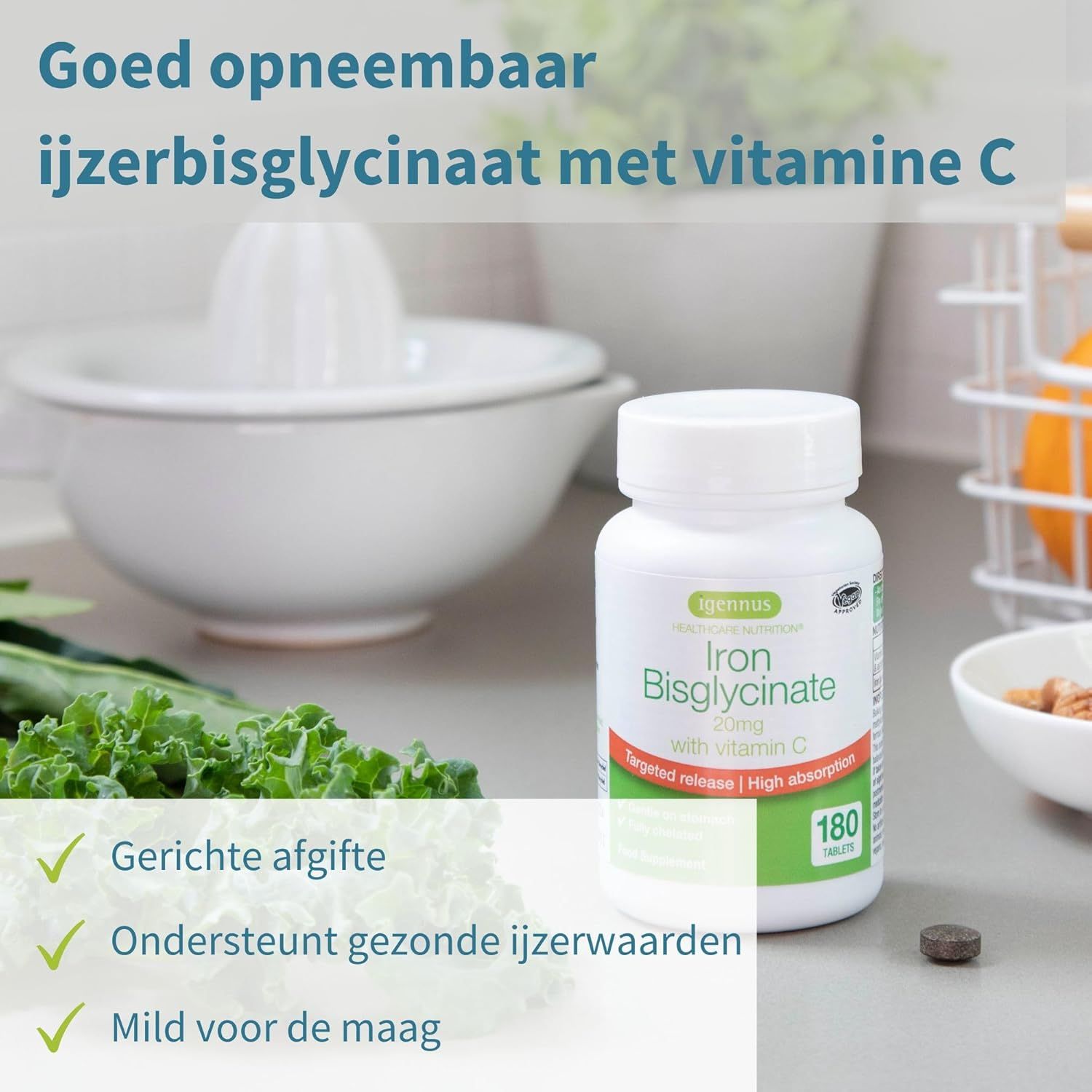 Fles Igennus Iron Bisglycinate 20mg met Vitamine C, 180 tabletten.