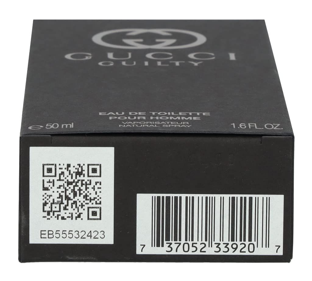 Bovenkant van de GUCCI Guilty Homme verpakking. Zwarte doos met logo, QR-code en barcode. Volume: 50 ml.