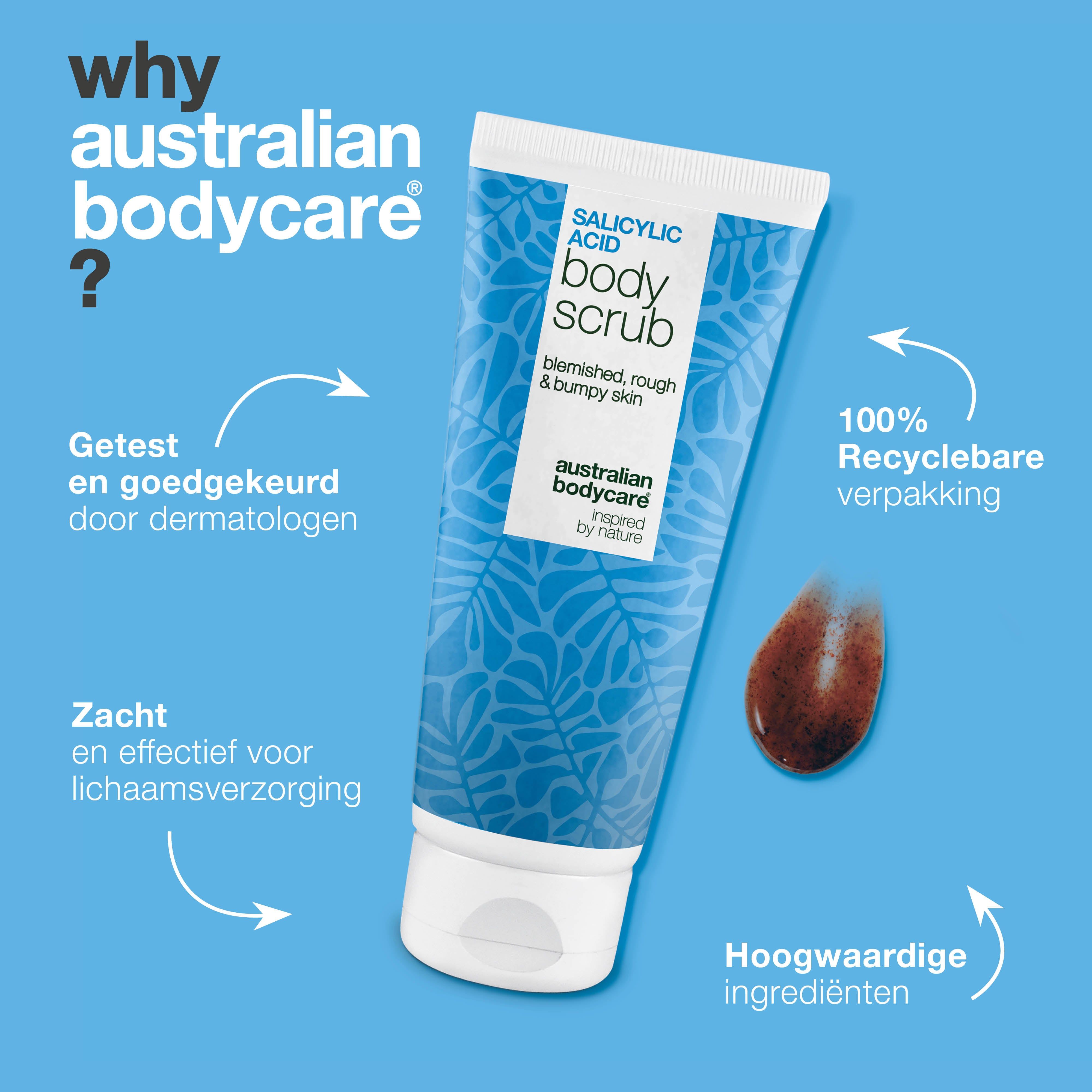 Tube Body Scrub. Tekst: Waarom Australian Bodycare? Pijlen wijzen naar: dermatologen, verpakking, ingrediënten.