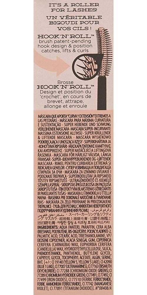 Productverpakking. Tekst: Hook'n'Roll Mascara. Ingrediënten en beschrijving in meerdere talen.