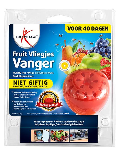 Piège à mouches à fruits rouge en forme de boule, dans un emballage transparent. Inscriptions multilingues. Marque : Lucovitaal.