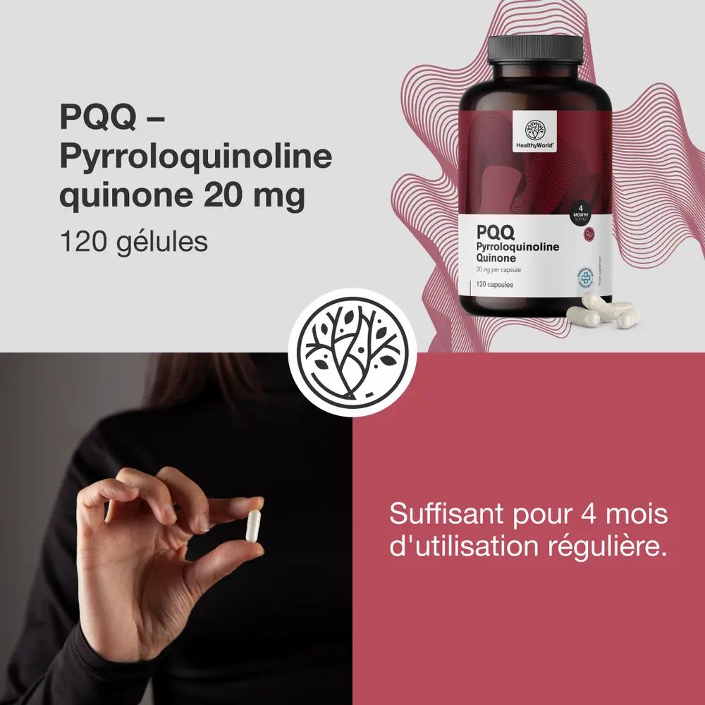 Femme tenant une gélule. Flacon et texte : PQQ Pyrrolochinoline Quinone 20 mg, 120 gélules. Marque : HealthyWorld.