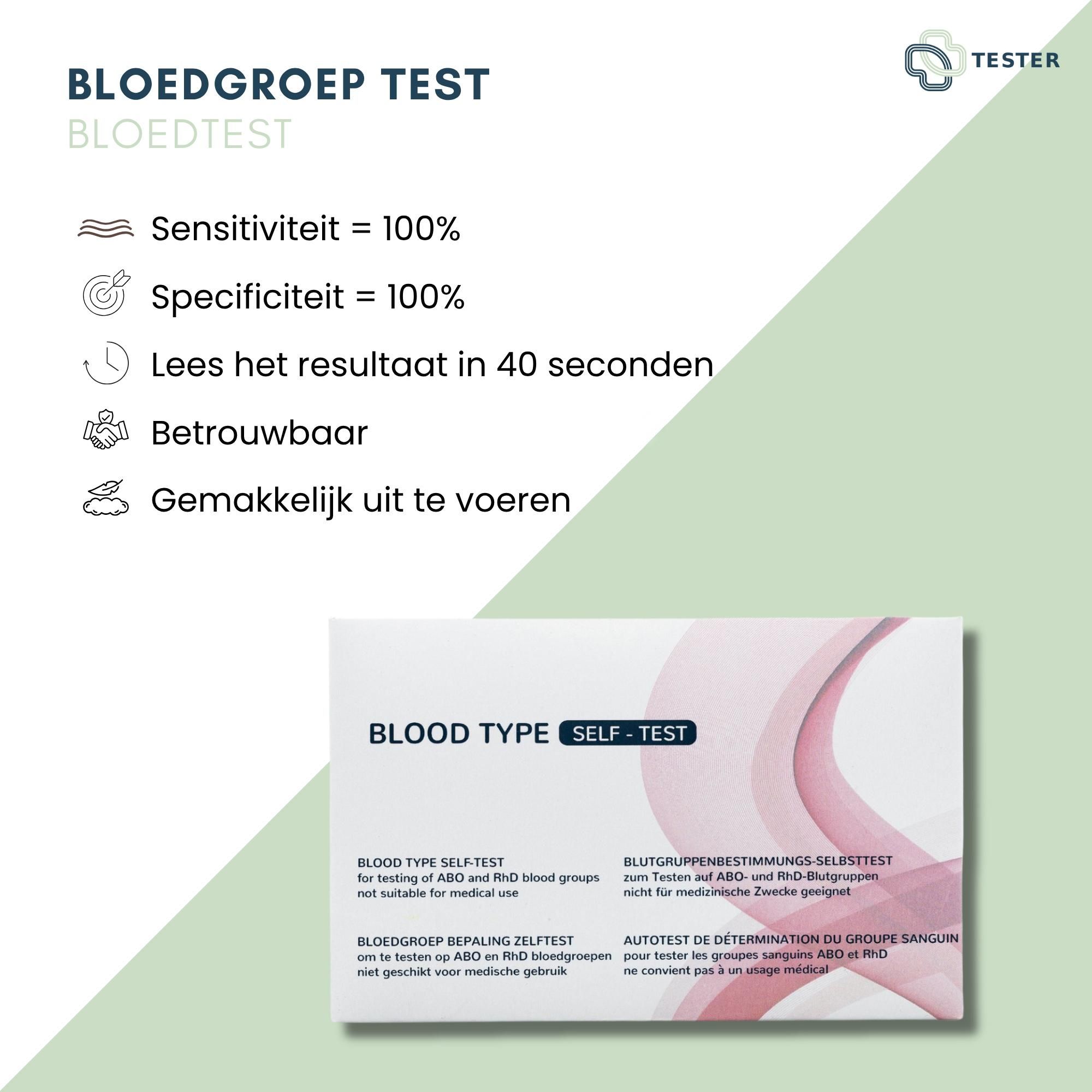 Productverpakking met tekst en iconen. Tekst: Sensitiviteit = 100%, Specificiteit = 100%, Resultaat in 40 seconden, Betrouwbaar, Gemakkelijk uit te voeren.