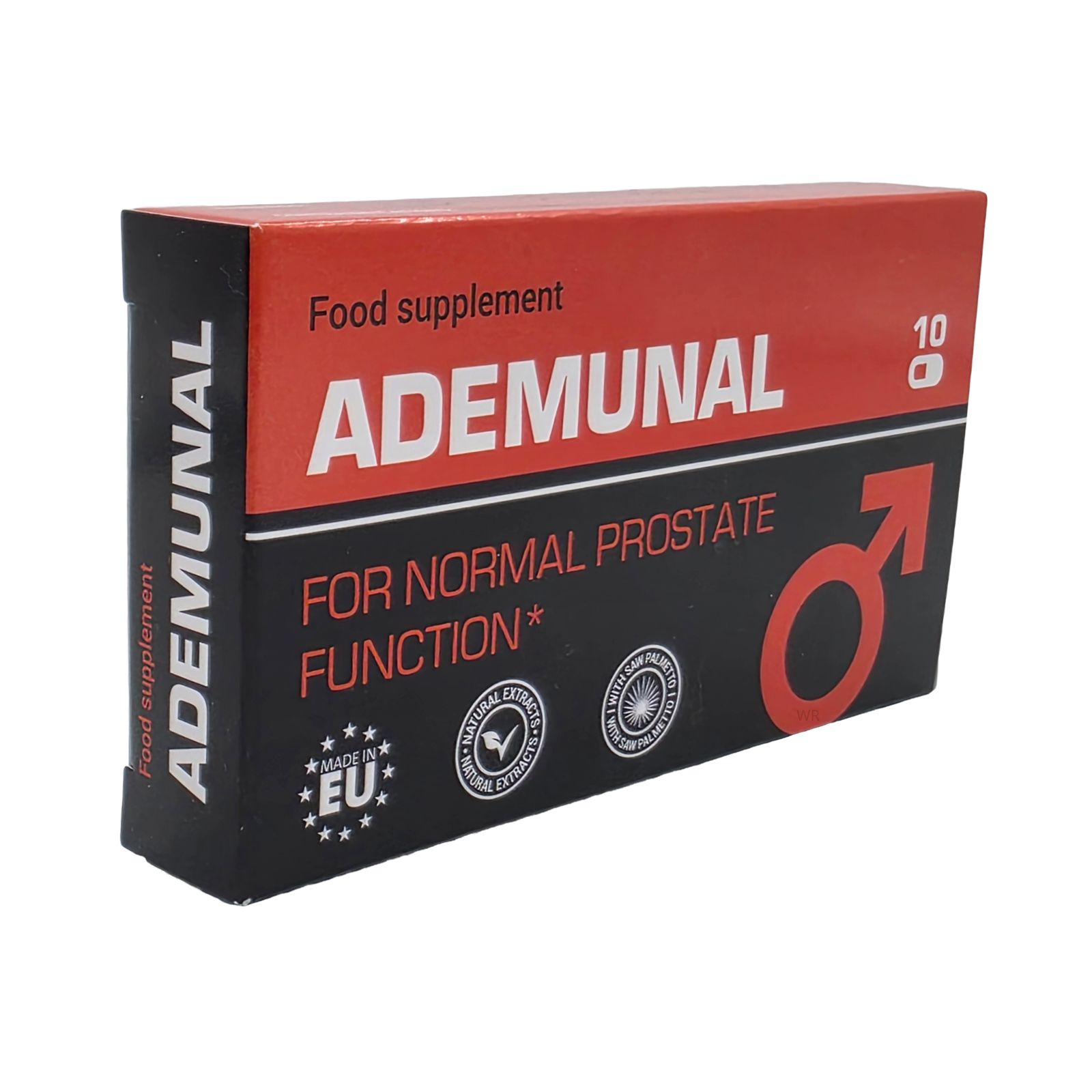 Rode en zwarte doos met opschrift. Bevat 10 capsules. Opschrift: ADEMUNAL, FOR NORMAL PROSTATE FUNCTION. EU-certificering.