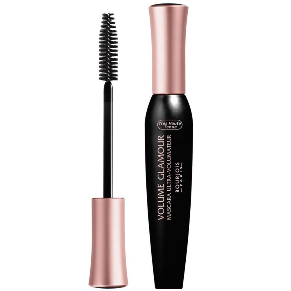 Tube de mascara noir avec capuchon rose doré. Brosse à mascara à côté. Inscription : VOLUME GLAMOUR, BOURJOIS.