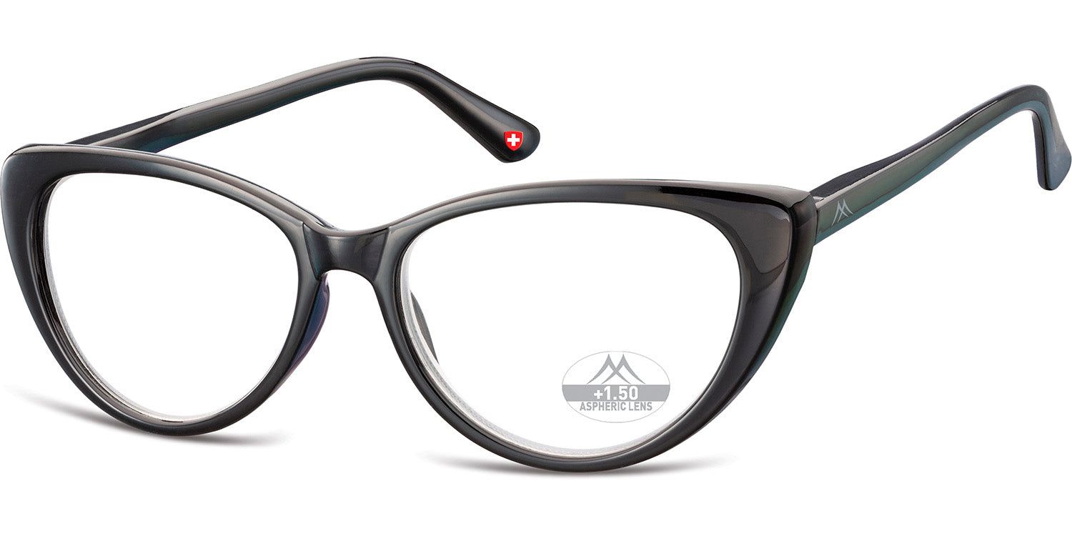 Lunettes noires. Logo Montana Eyewear sur le verre. Croix suisse sur la branche.