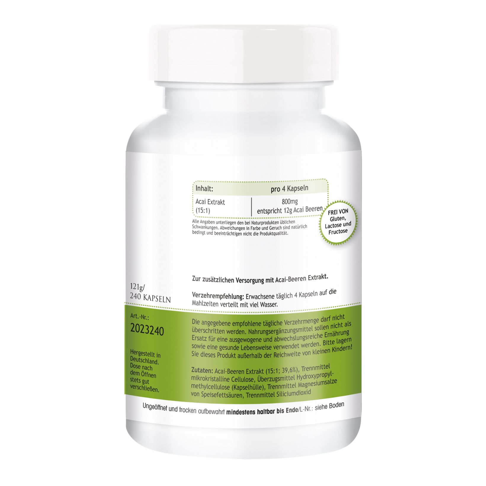 Dos du flacon blanc. Inscription: Acai Extrakt, 240 capsules. Informations sur les ingrédients et recommandations d'utilisation. Logo: Sans gluten, lactose et fructose.