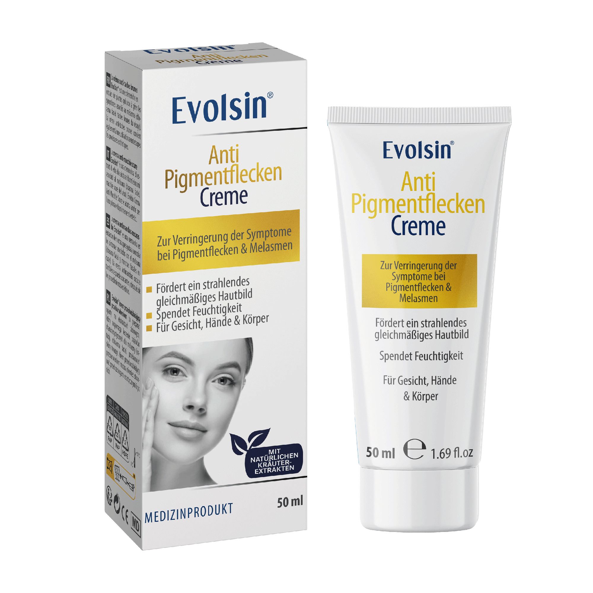 Tube et emballage de crème. Inscription : EVOLSIN Crème anti-taches. 50 ml. Dispositif médical.