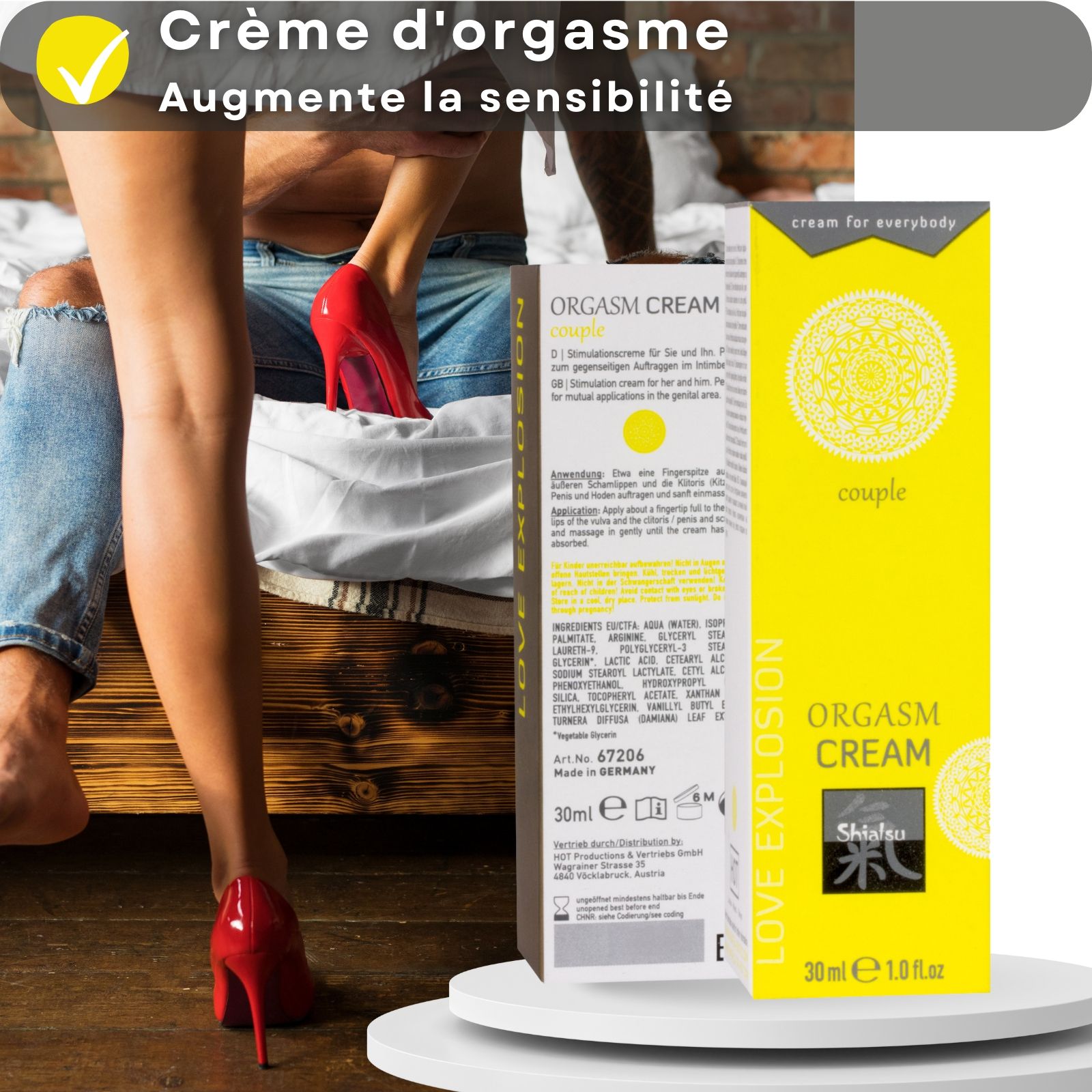 Tube et boîte jaunes. Inscription : ORGASM CREAM, Shiatsu, 30 ml. Couple en arrière-plan.