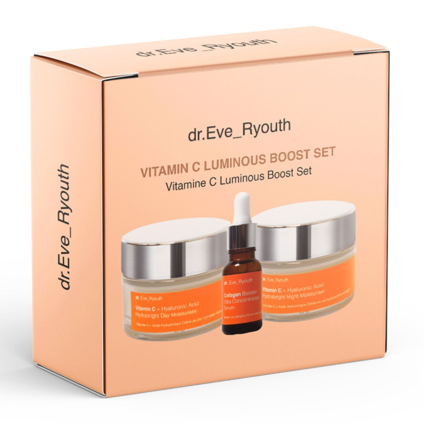 Set met crèmes en serum in doos. Opschriften: dr.Eve_Ryouth, Vitamin C Luminous Boost. Crèmes met deksels, serum met pipet.