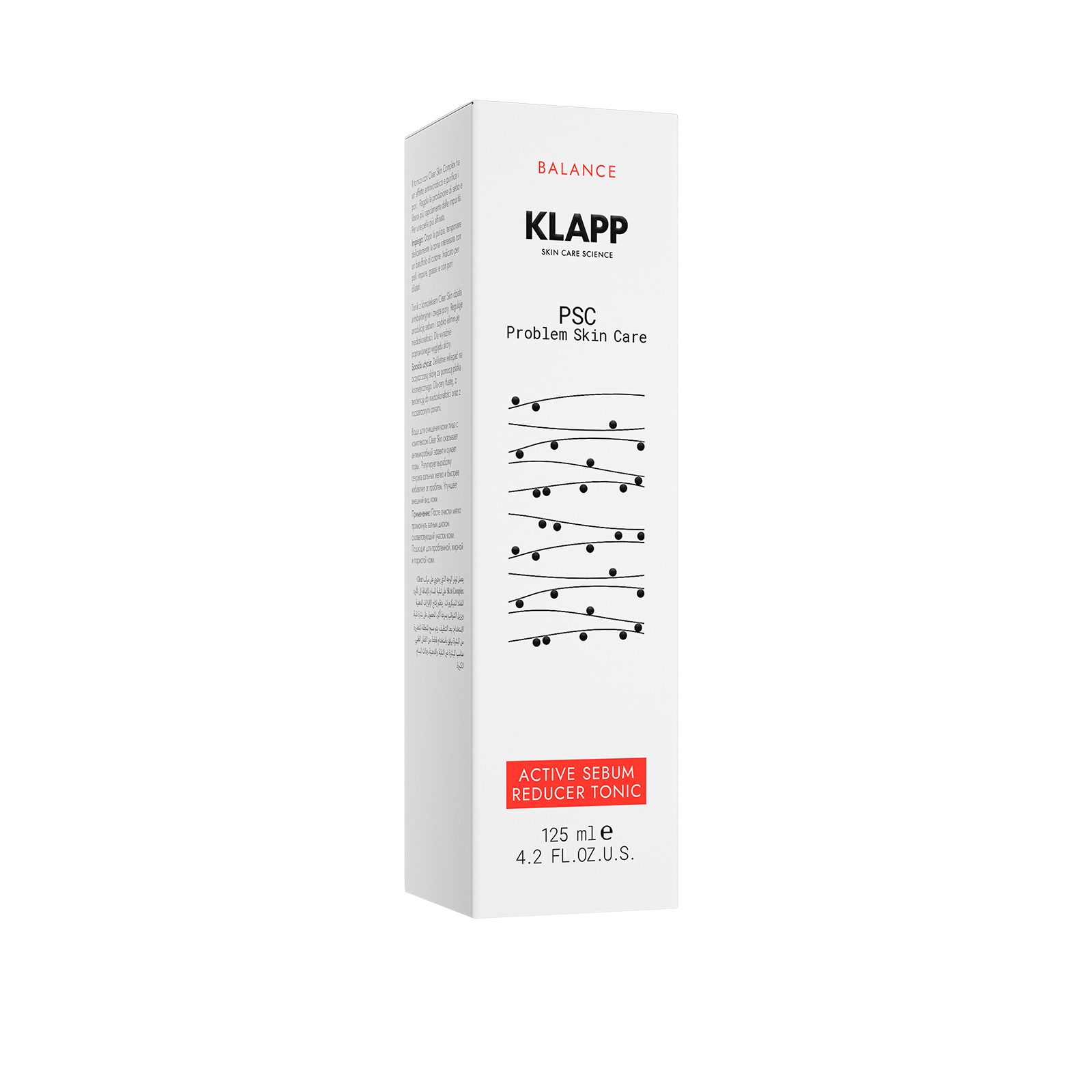 KLAPP PSC Active Sebum Reducer Tonic doos, 125 ml. Witte doos met zwarte en rode tekst.