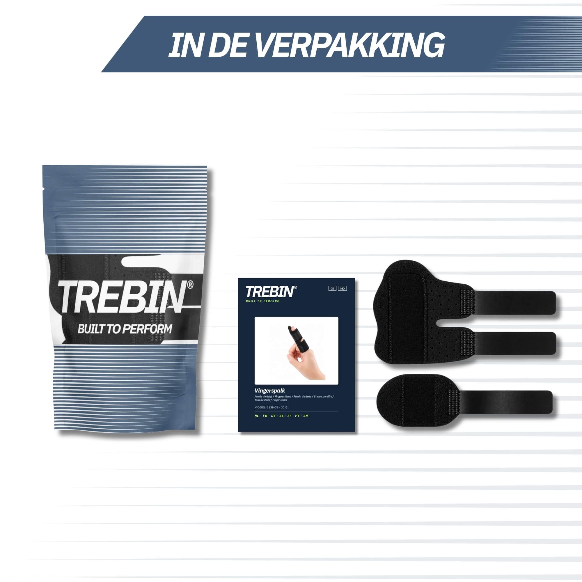 Inhoud van de verpakking: zakje, productverpakking en twee zwarte vingerbraces.
