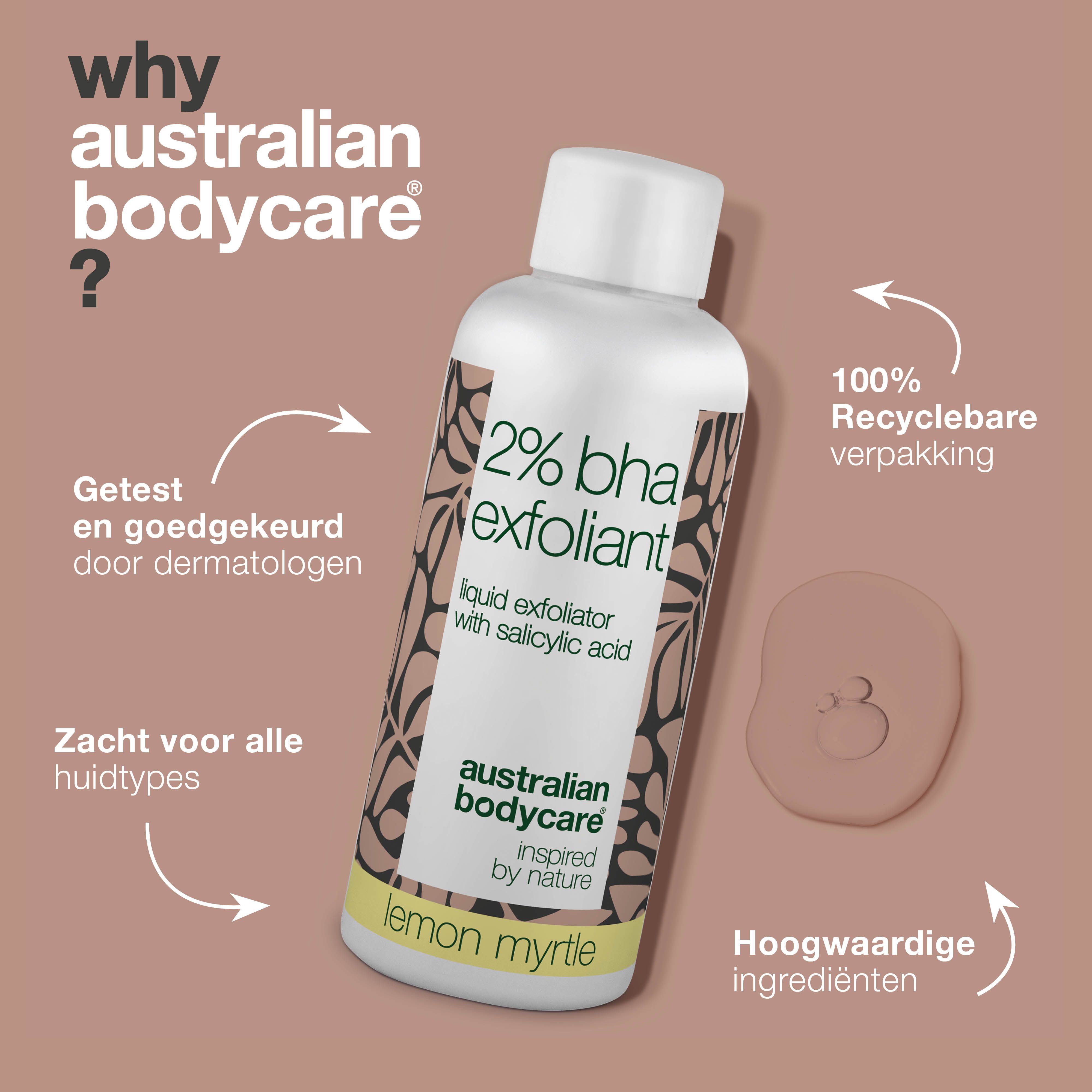 Fles met "2% BHA". Tekst: Getest, 100% recyclebare verpakking. Merk: Australian Bodycare.