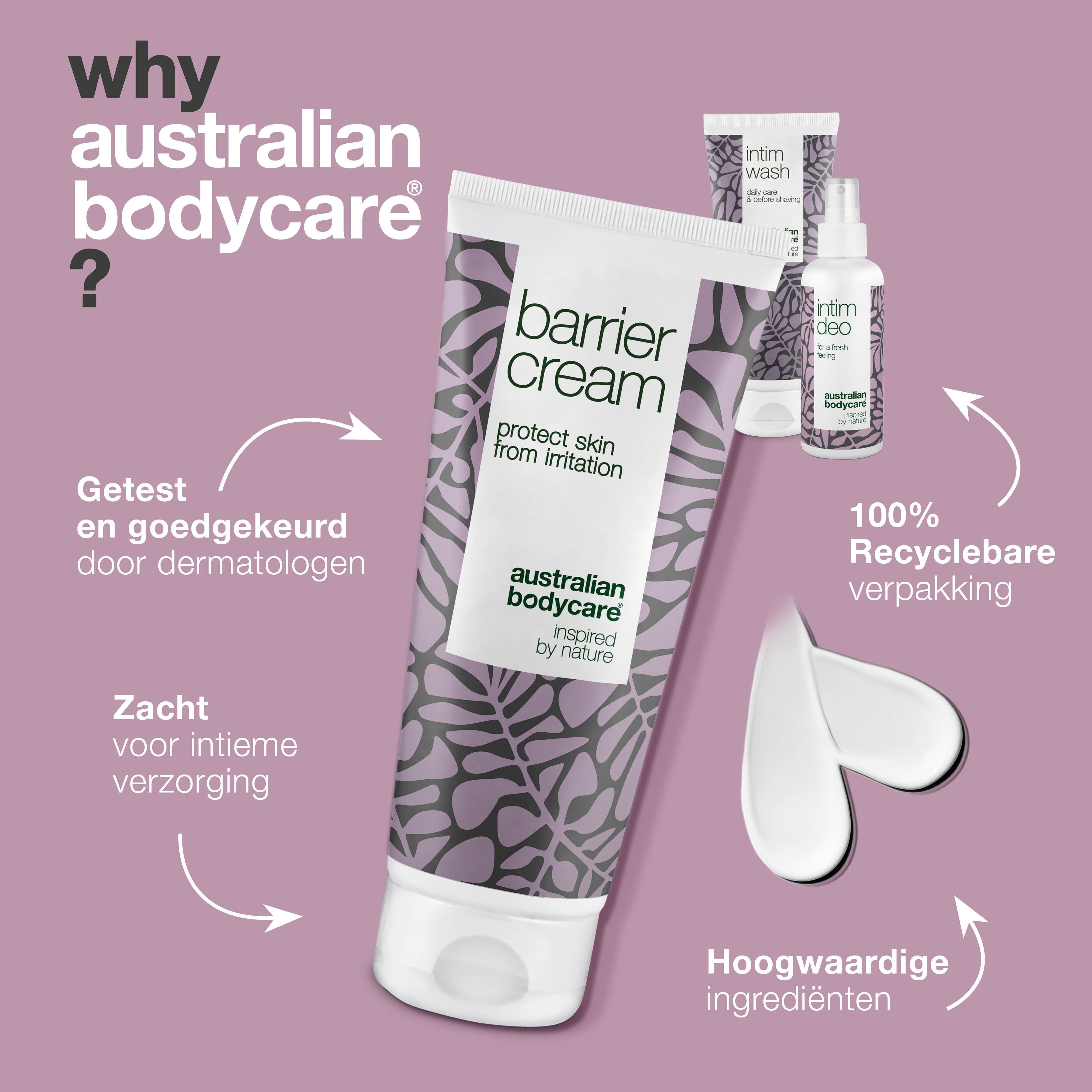 Productafbeelding met tekst. Producten: Barrier Cream, Intim Wash, Intim Deo. Tekst: Getest en goedgekeurd door dermatologen. Merk: Australian Bodycare.