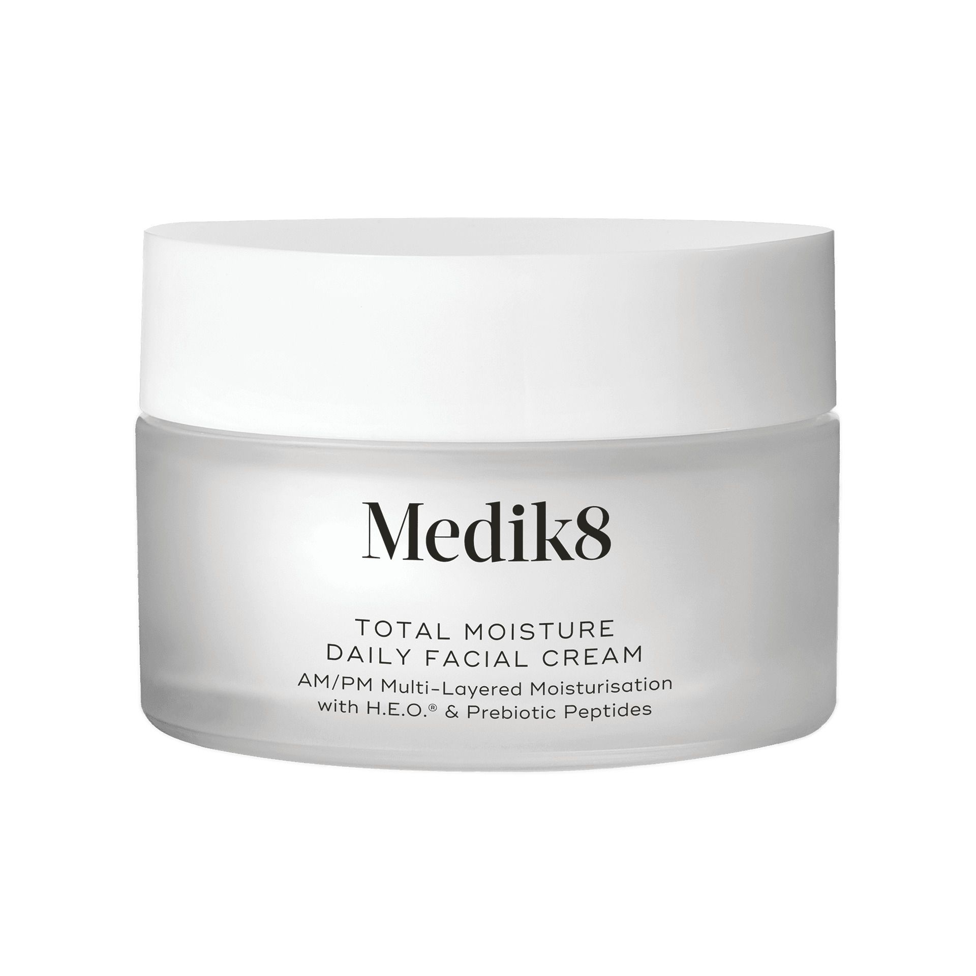 Crèmepot met deksel. Opschrift: Medik8, Total Moisture Daily Facial Cream. AM/PM Multi-Layered Moisturisation with H.E.O. & Prebiotic Peptides.