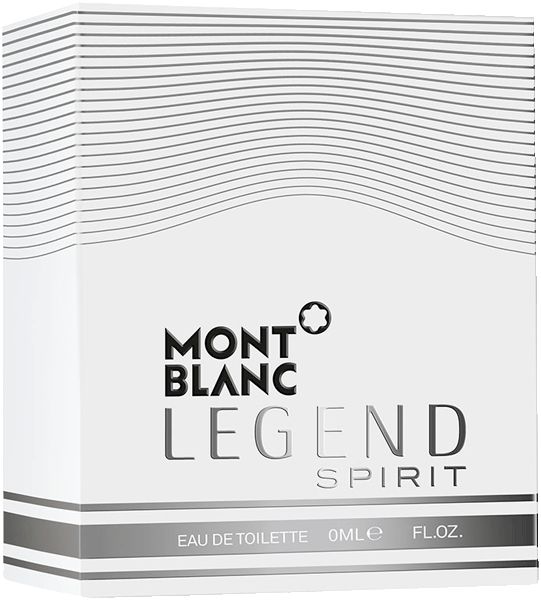 Emballage pour Montblanc Legend Spirit Eau De Toilette Spray. Boîte blanche avec lignes argentées et nom du produit.