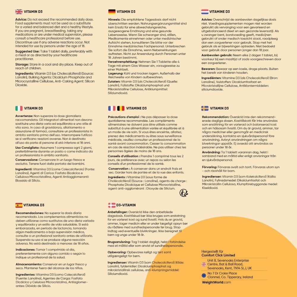Meertalige informatie over vitamine D3. Tekst: WeightWorld.