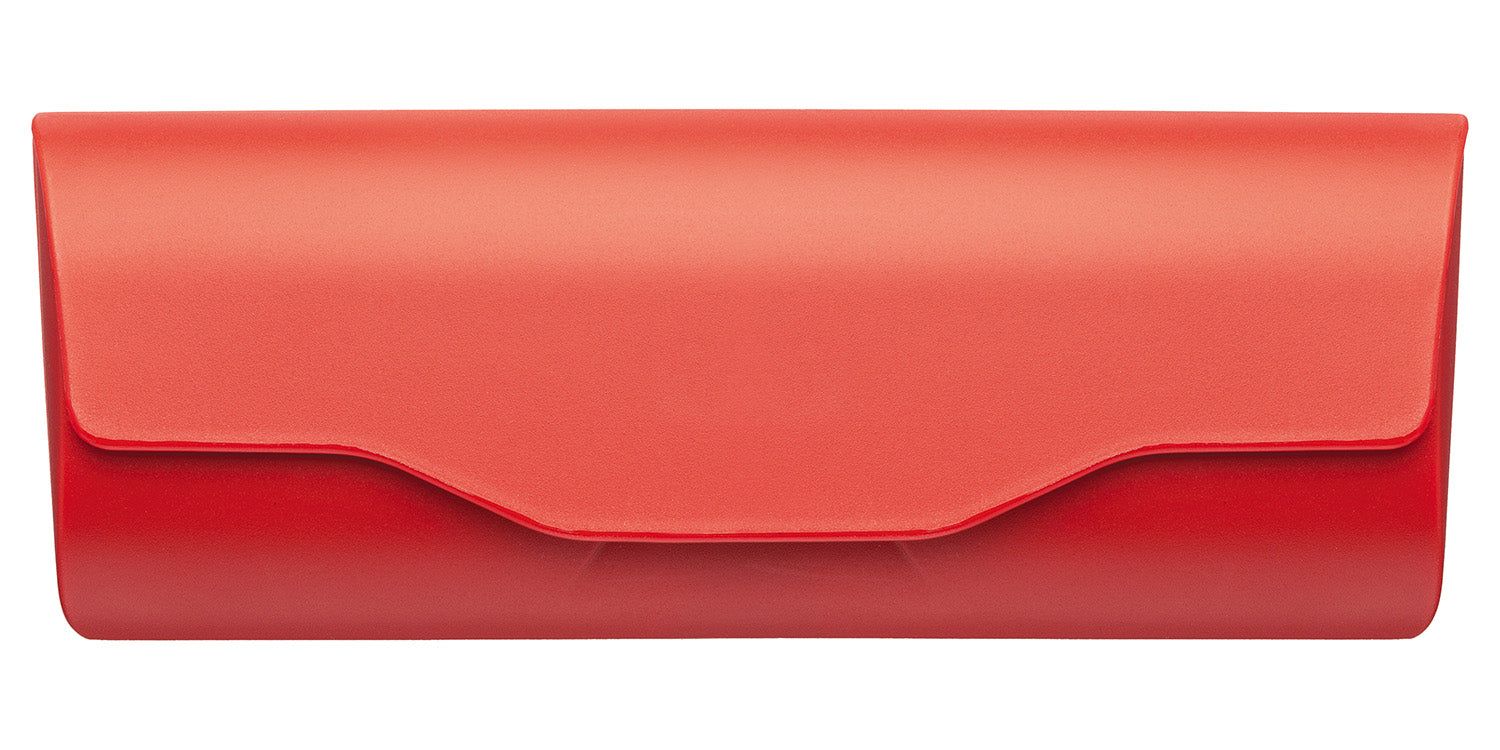 Étui rouge en plastique. Rectangulaire avec devant incurvé. Couvercle avec encoche.