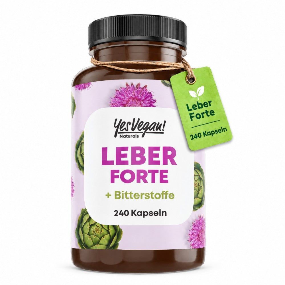 Flacon brun de gélules: Yes Vegan! Naturals Leber Forte + Bitterstoffe, 240 gélules. Motif artichaut en arrière-plan.