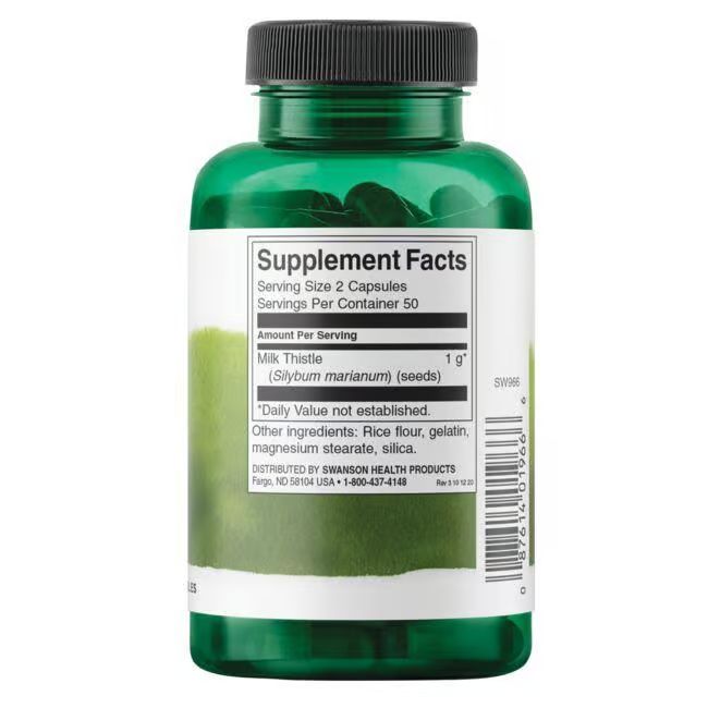 Flacon vert avec capsules noires. Étiquette avec informations nutritionnelles et ingrédients: Milk Thistle (chardon-marie).