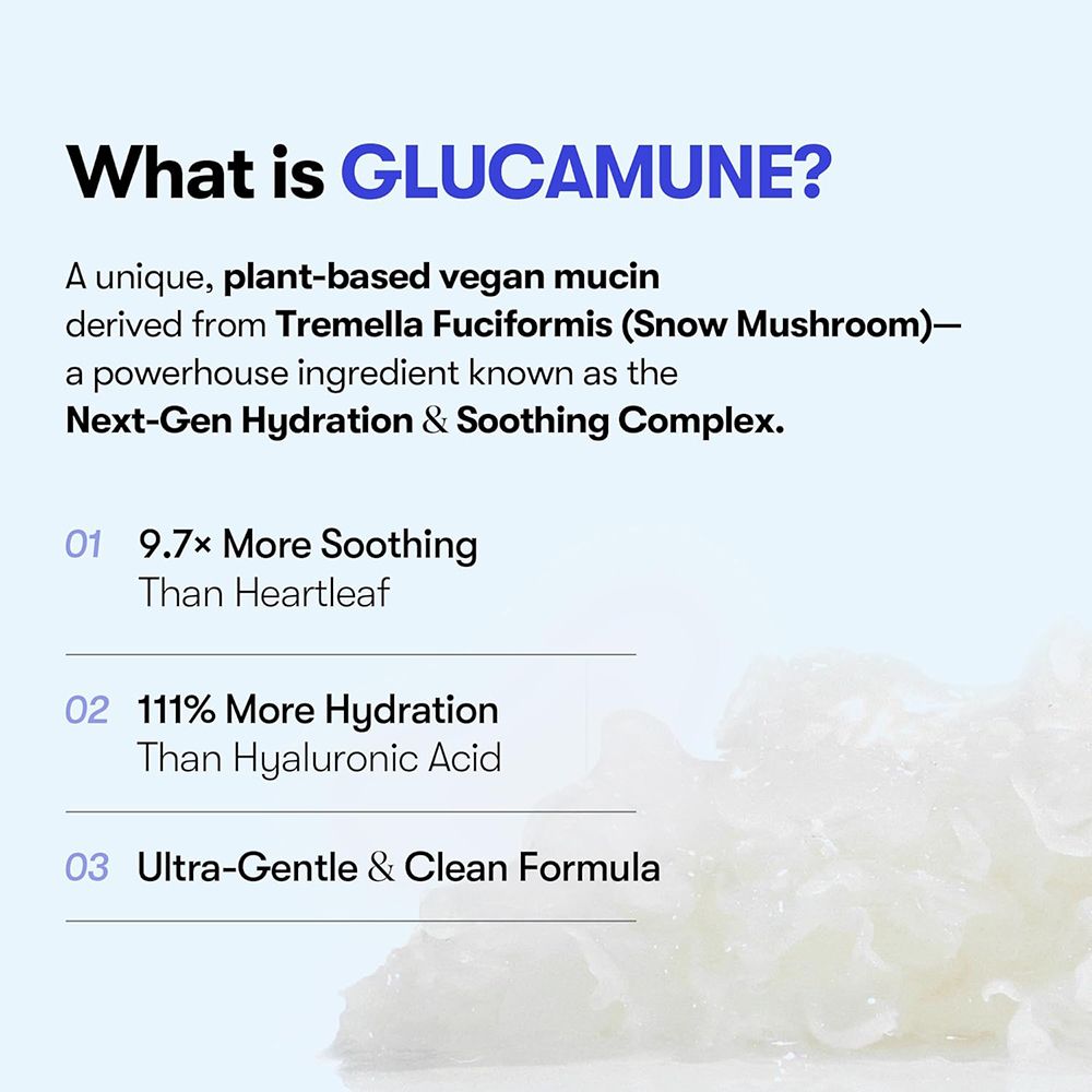 Tekst: Wat is GLUCAMUNE? Beschrijft ingrediënten en voordelen. Illustratie van paddenstoelen.