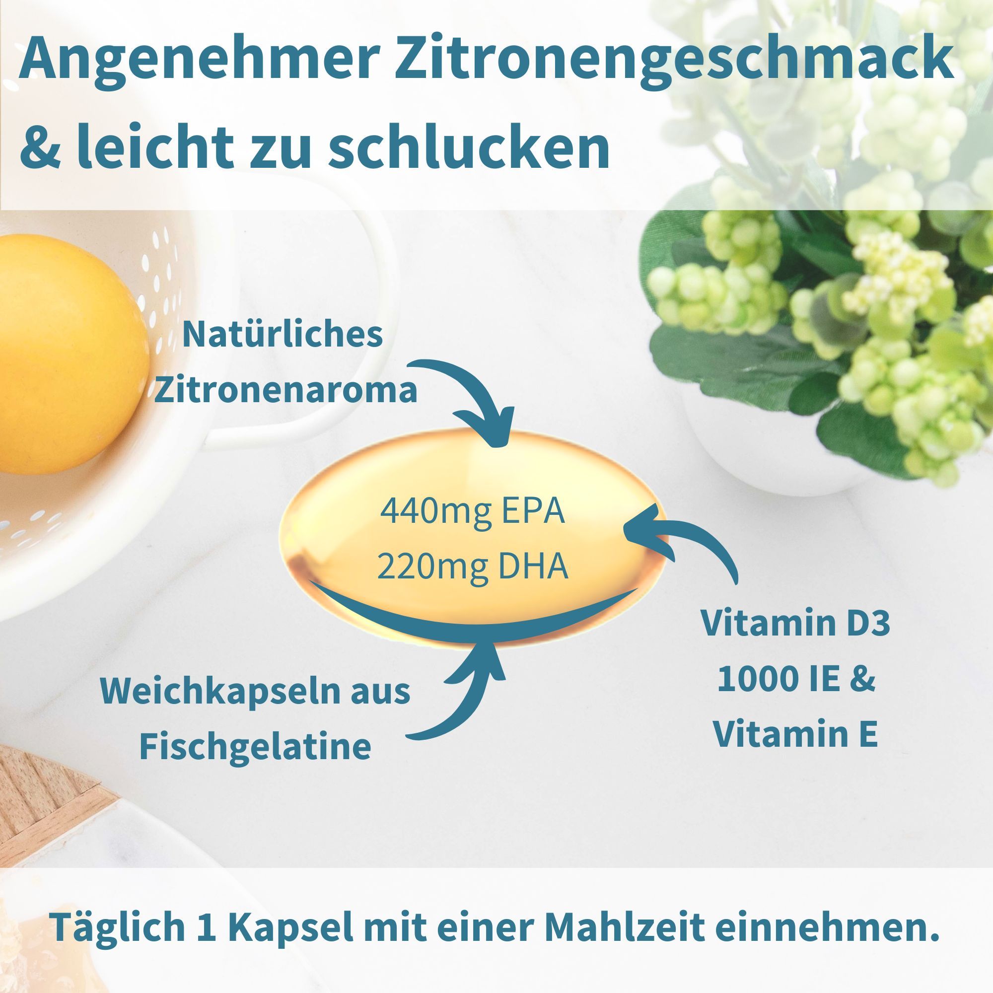 Gélule Oméga-3 au citron, Vitamine D3, EPA, DHA. Facile à avaler.
