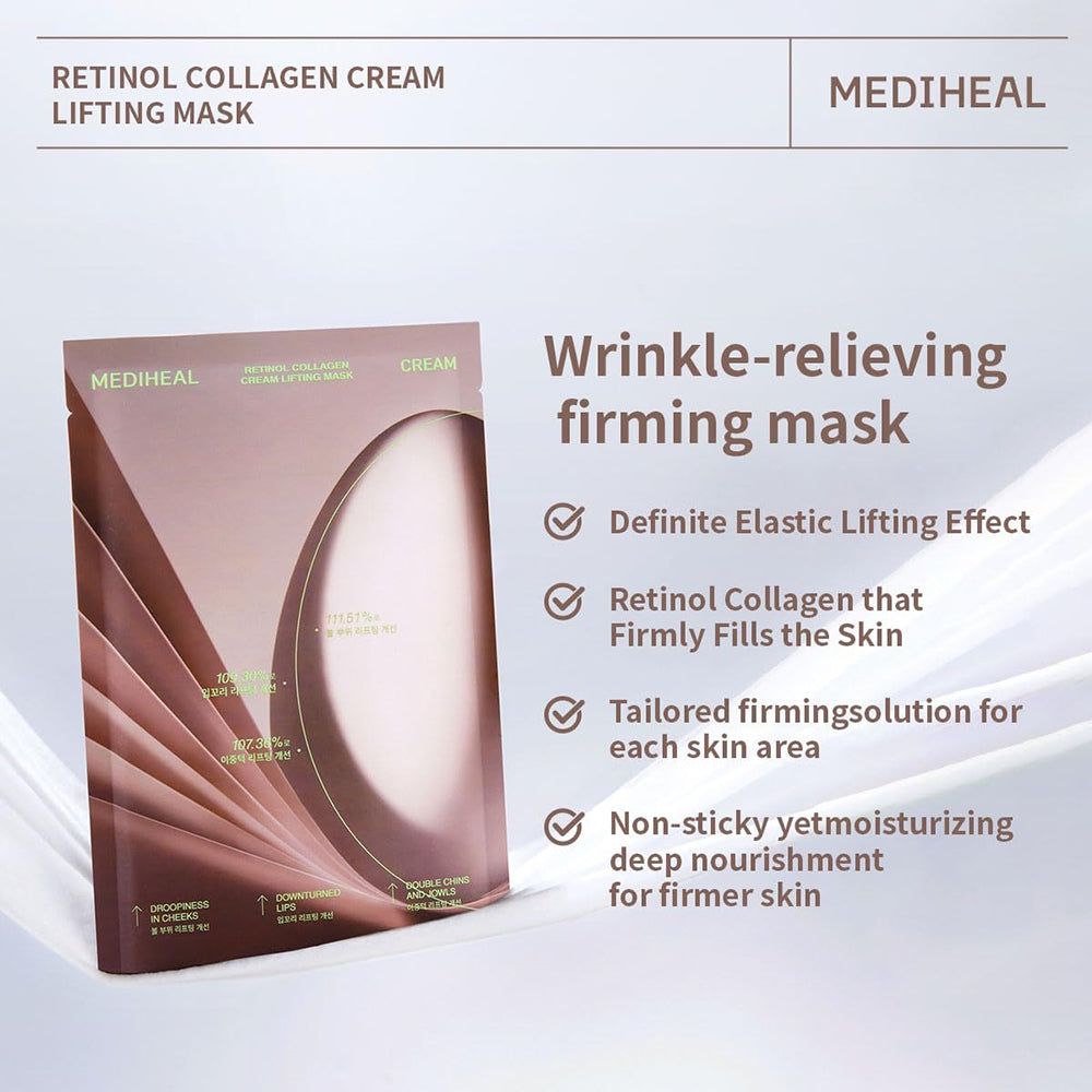 Verpakking van MEDIHEAL Retinol Collagen Cream Lifting Mask. Tekst: "Wrinkle-relieving firming mask".