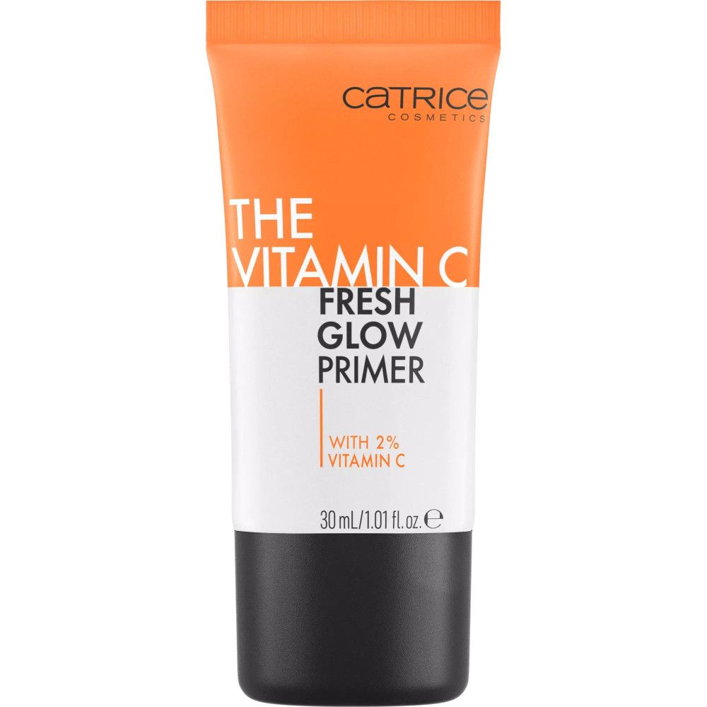 Tube Catrice primer. Oranje-wit ontwerp. Opschrift: The Vitamin C Fresh Glow Primer, 2% Vitamine C, 30 ml.