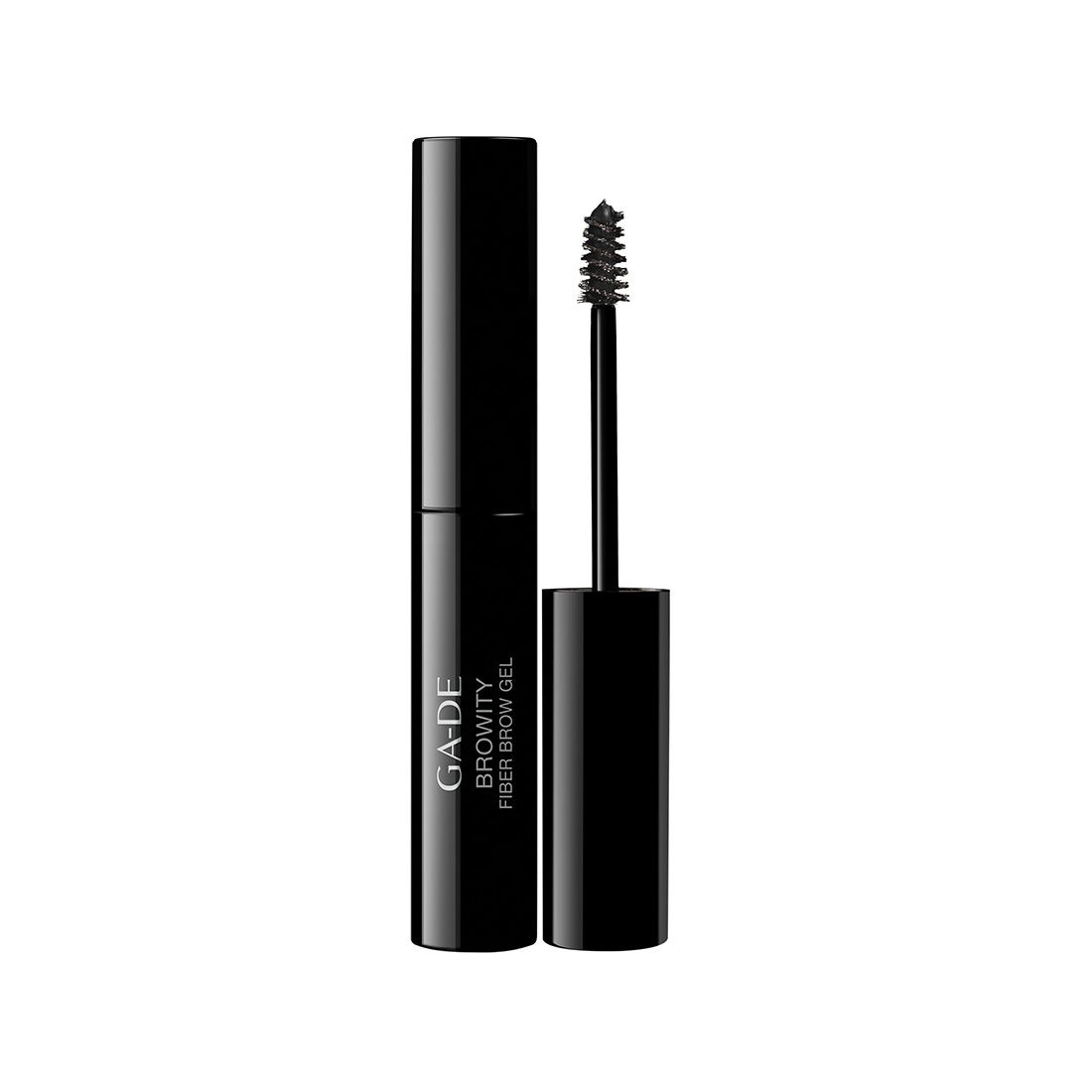 Tube noire avec brosse. Inscription : GA-DE BROWITY Fiber Brow Gel.