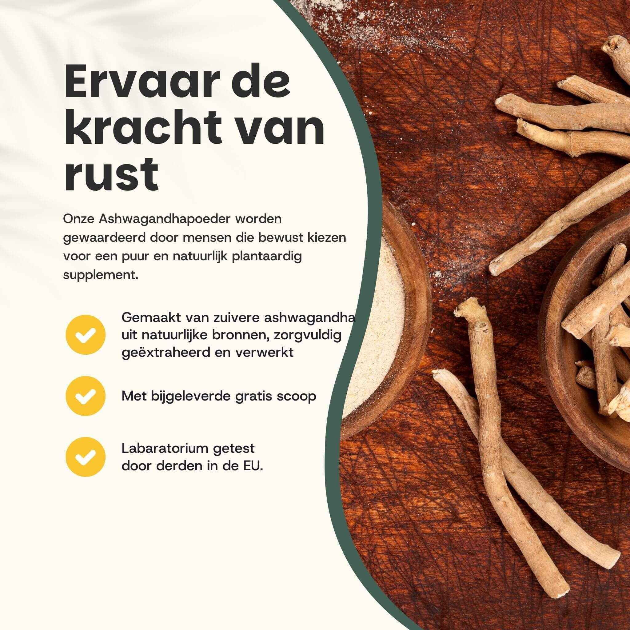 Tekst: Onze klanten beoordelen ons met 4,7 van de 5 sterren. Citaten van klanten. Ashwagandha poederzakje.