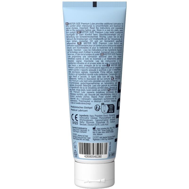 Dos d'un tube bleu clair avec texte. Ingrédients, mode d'emploi, marquage CE, code-barres.