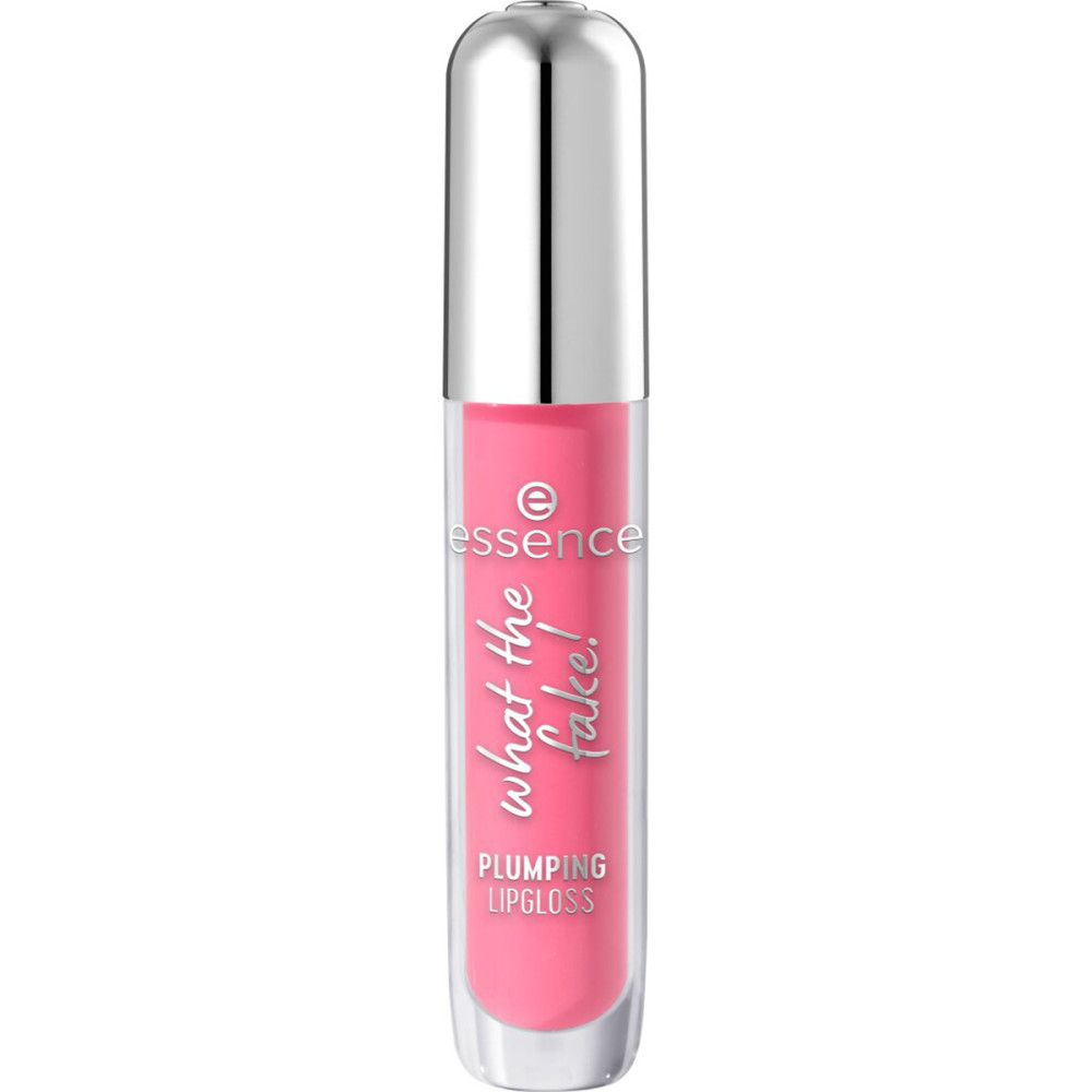 Gloss à lèvres rose avec bouchon argenté. Inscription: Essence, What the Fake!, Plumping Lipgloss.