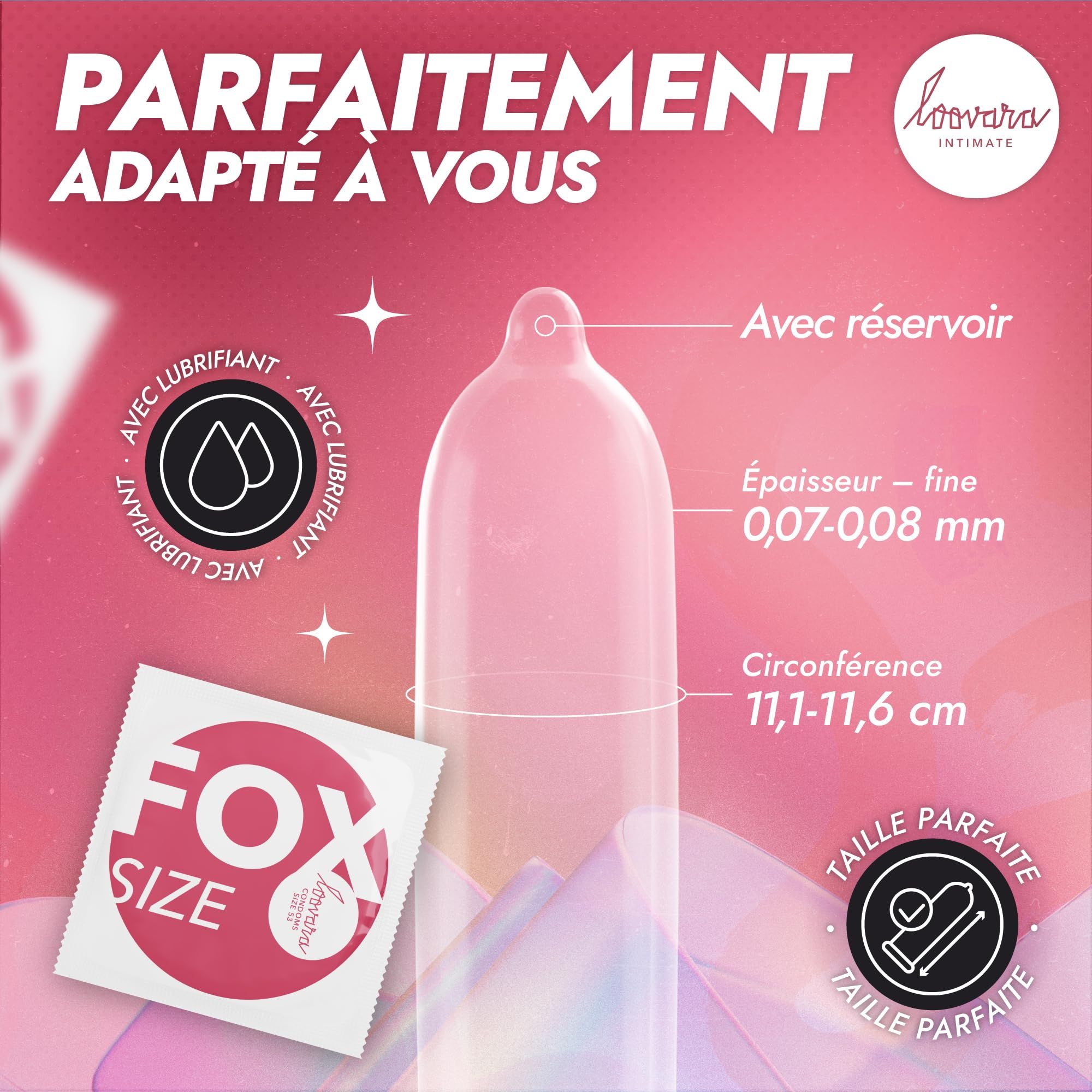 Tableau des tailles pour préservatifs Loovara: Fox taille 53 (11,1-11,6 cm).