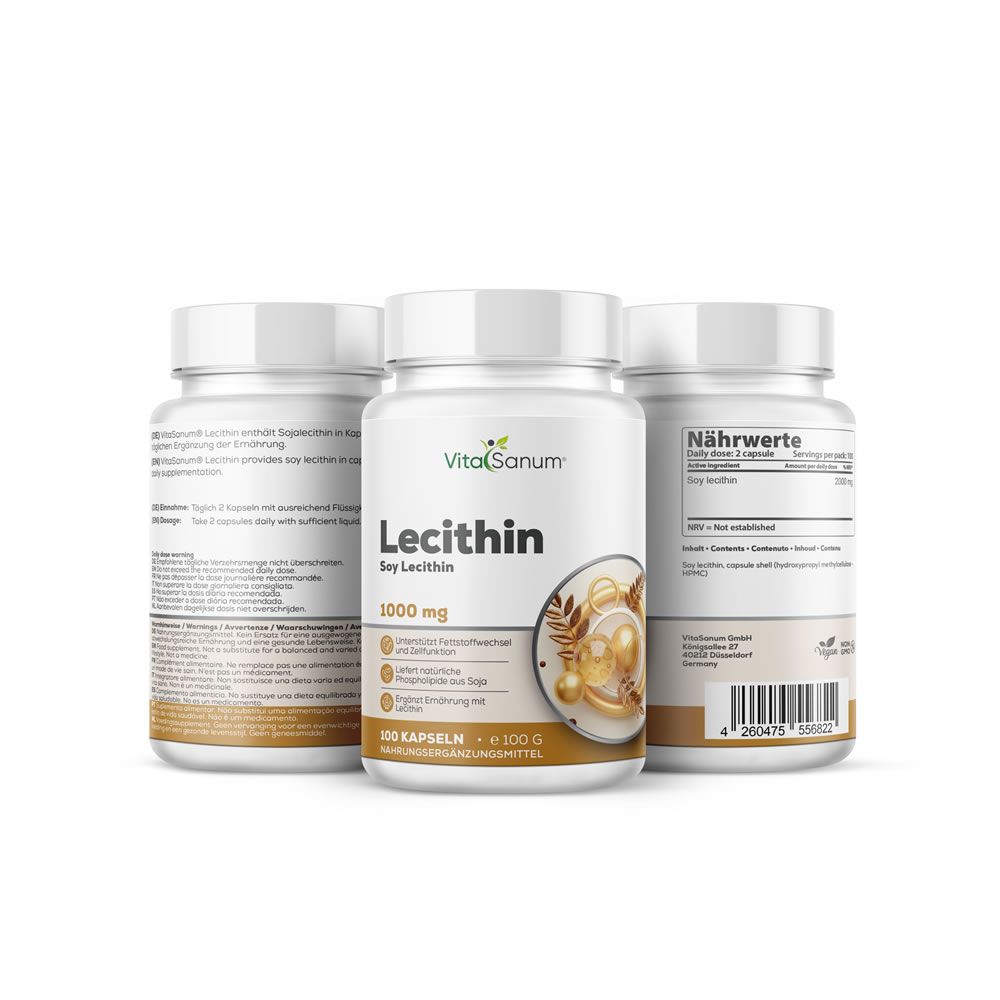 Trois flacons blancs de gélules de lécithine VitaSanum. Inscription : Lécithine, 1000 mg, 100 gélules. Étiquettes marron avec informations.