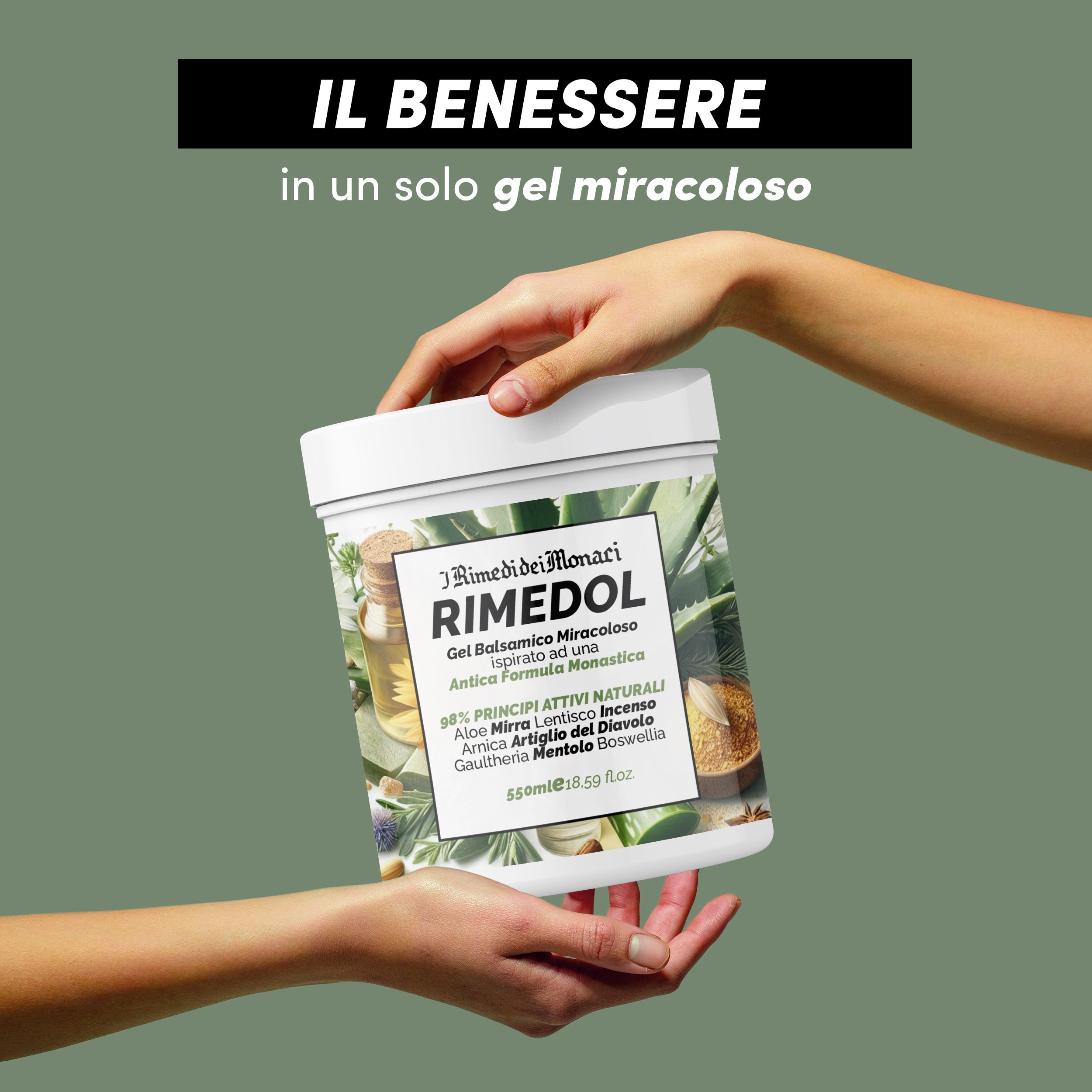 Witte pot met productlabel. Handen houden de pot vast. Tekst: IRimediDeiMonaci Rimedol, Gel Balsamico Miracoloso.