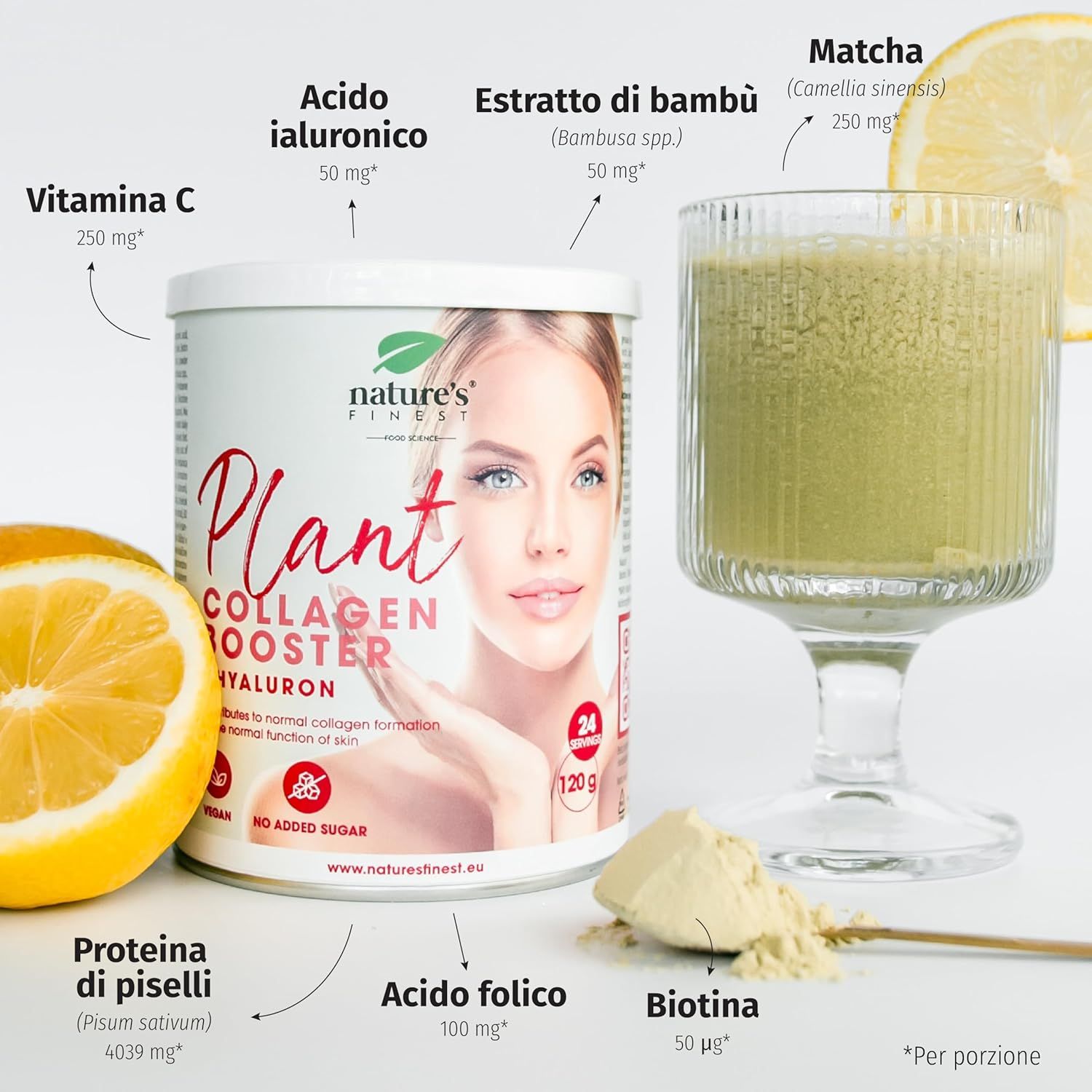 Boîte Plant Collagen, verre avec boisson, citron, poudre sur cuillère. Ingrédients avec quantités.