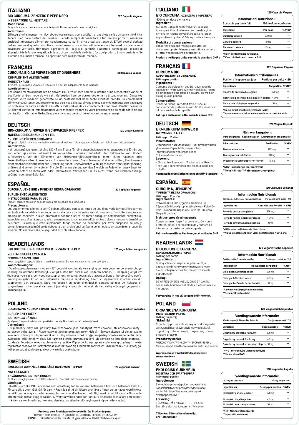 Brochure multilingue avec informations sur le produit. Texte : Curcuma, gingembre, poivre noir, informations nutritionnelles, végétalien.